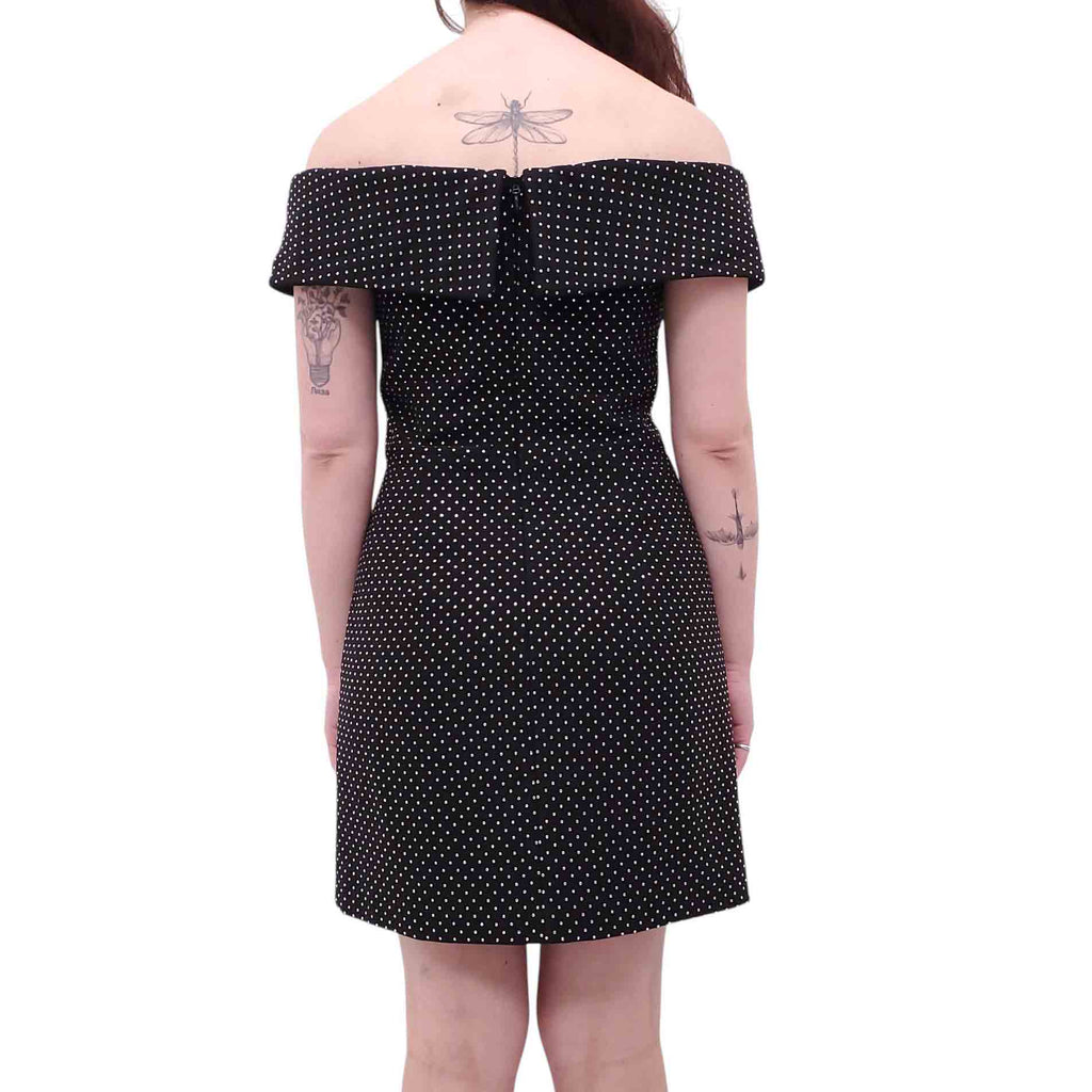 REBECCA VALLANCE BLACK RHINESTONE OFF THE SHOULDER MINI DRESS - SIZE US 6