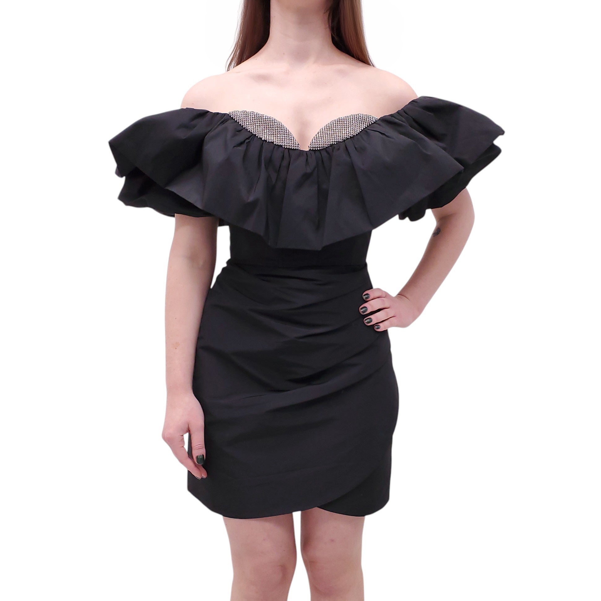 REBECCA VALLANCE BLACK PUFF MINI DRESS WITH CRYSTAL SWEETHEART NECKLINE - SIZE US 10
