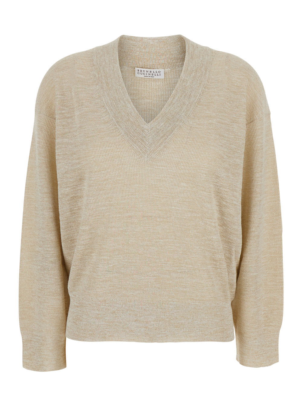 Brunello Cucinelli Women Beige Sweater With V Neck In Linen Blend For Women