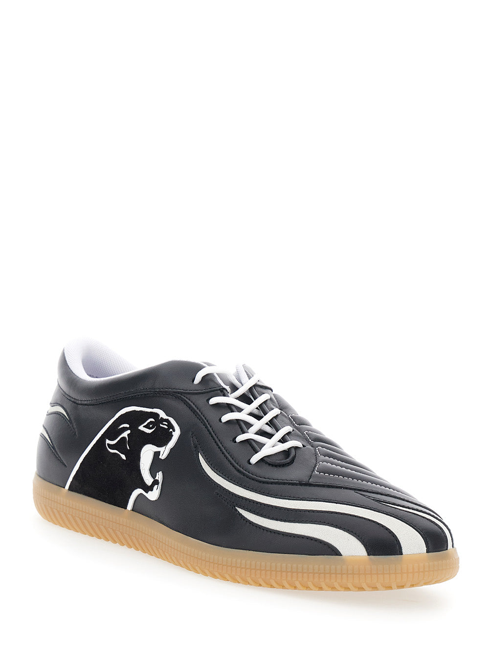 Valentino Garavani Men Black Low Top Sneakers With Panther Patch Detail On The Side And Flame Motif In  Leather For Men