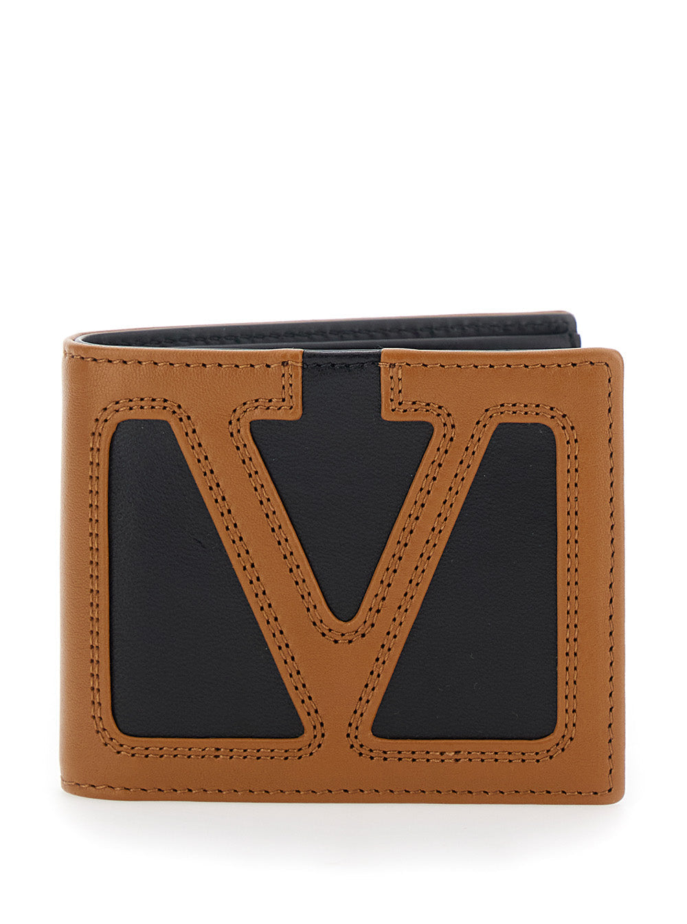 Valentino Garavani Men Brown Bi-Fold Wallet With Contrasting Maxi Vlogo On The Front In Leather For Men