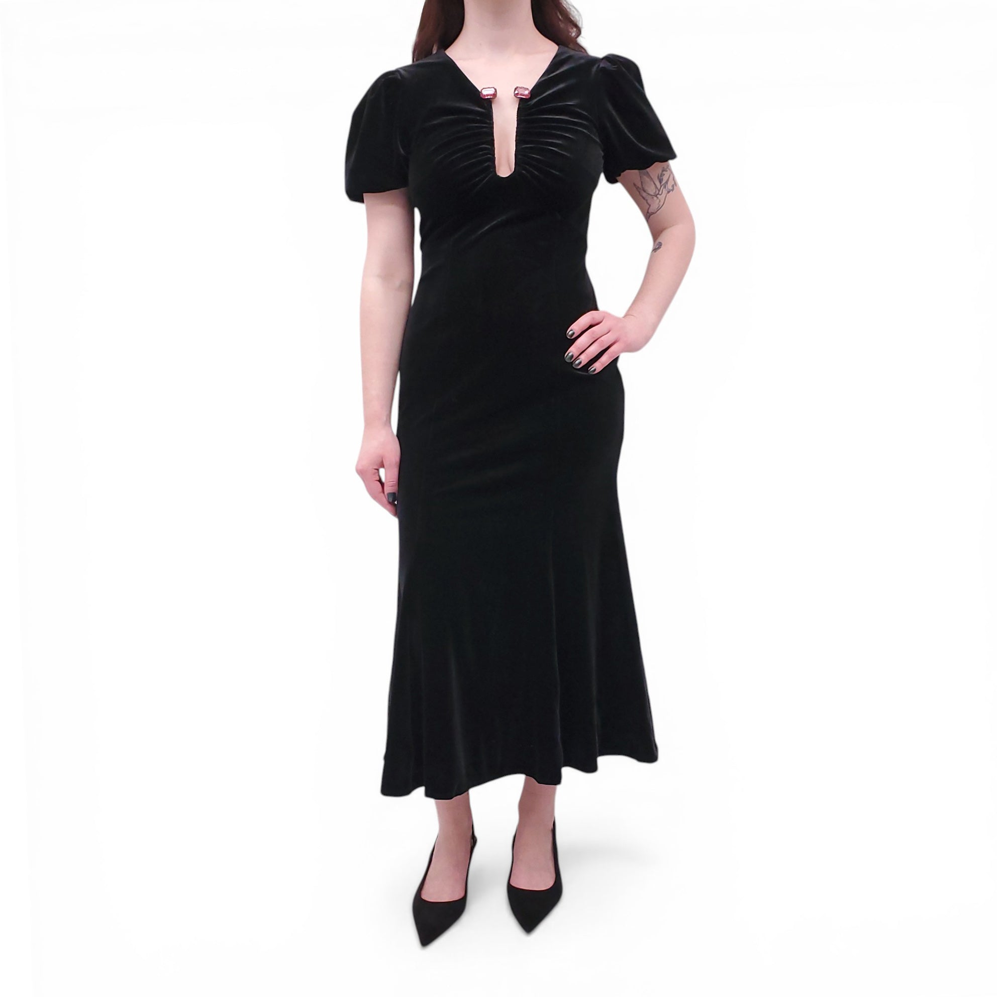 SELF-PORTRAIT BLACK VELVET EMBELLISHED MIDI DRESS - SIZE US 4