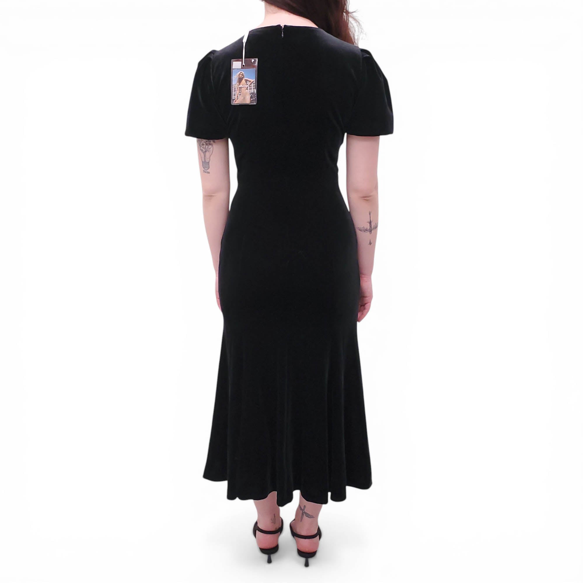 SELF-PORTRAIT BLACK VELVET EMBELLISHED MIDI DRESS - SIZE US 4