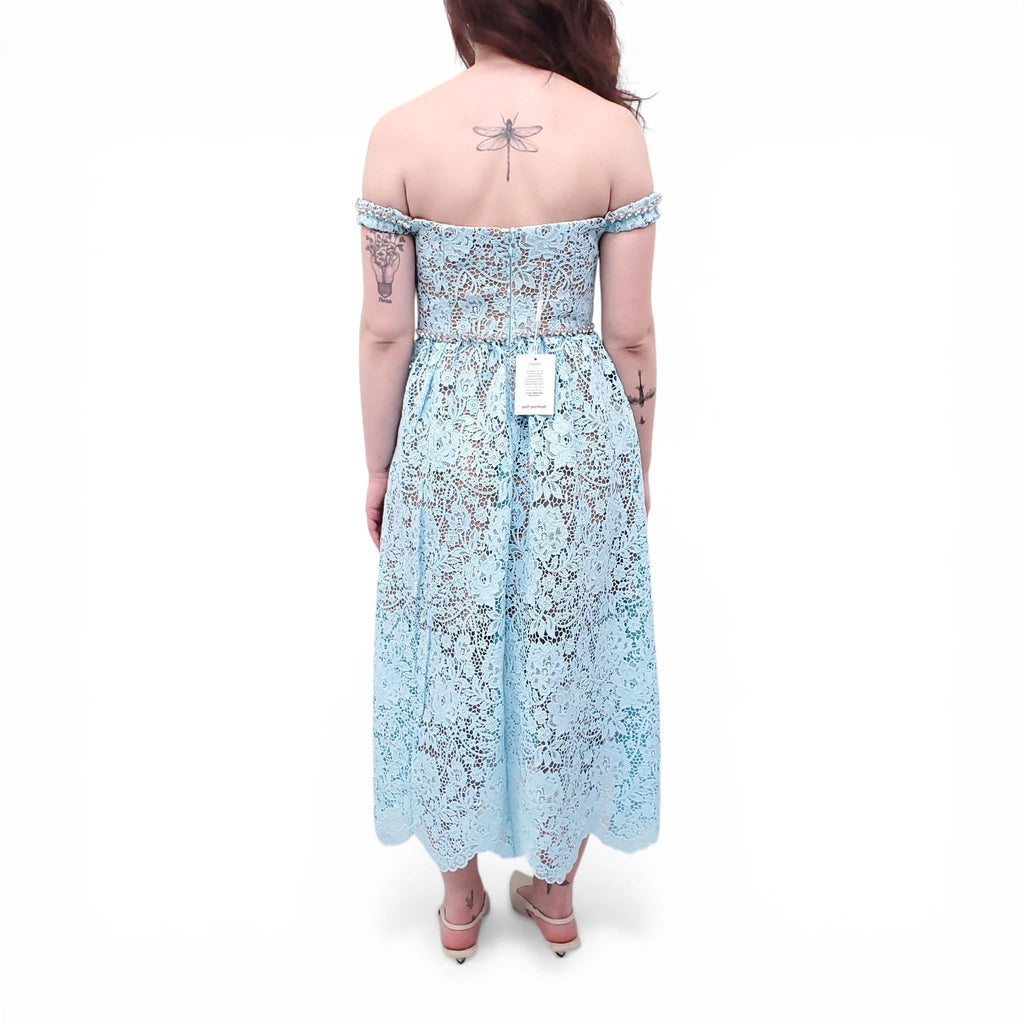 SELF-PORTRAIT BLUE LACE DIAMANTE MIDI DRESS - SIZE US 4