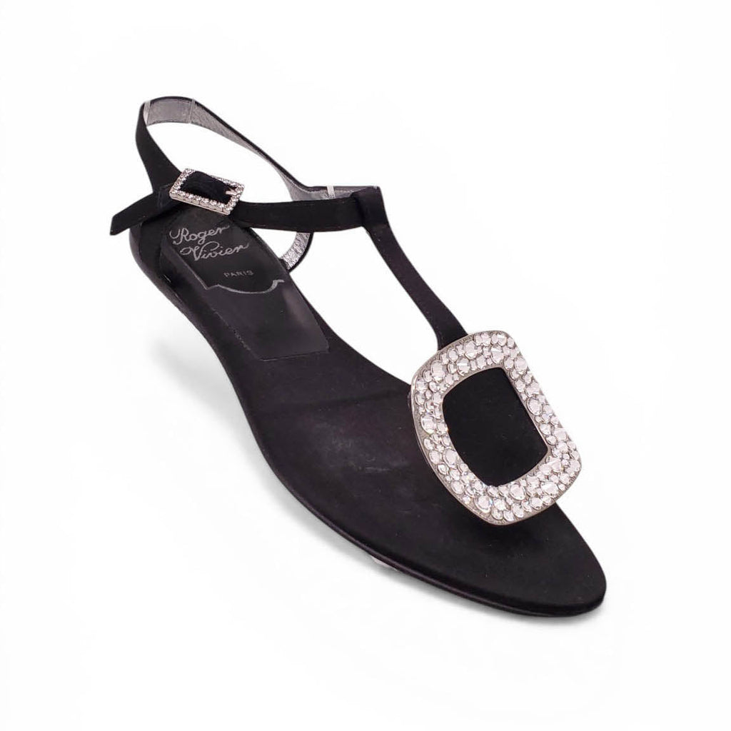 ROGER VIVIER BLACK SATIN CRYSTAL FLATS - SIZE 35