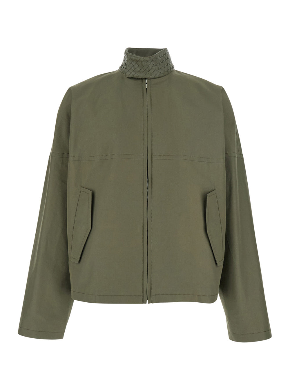 Bottega Veneta Men Green Bomber Jacket With Intreccio Motif On The Collar In Cotton For Men