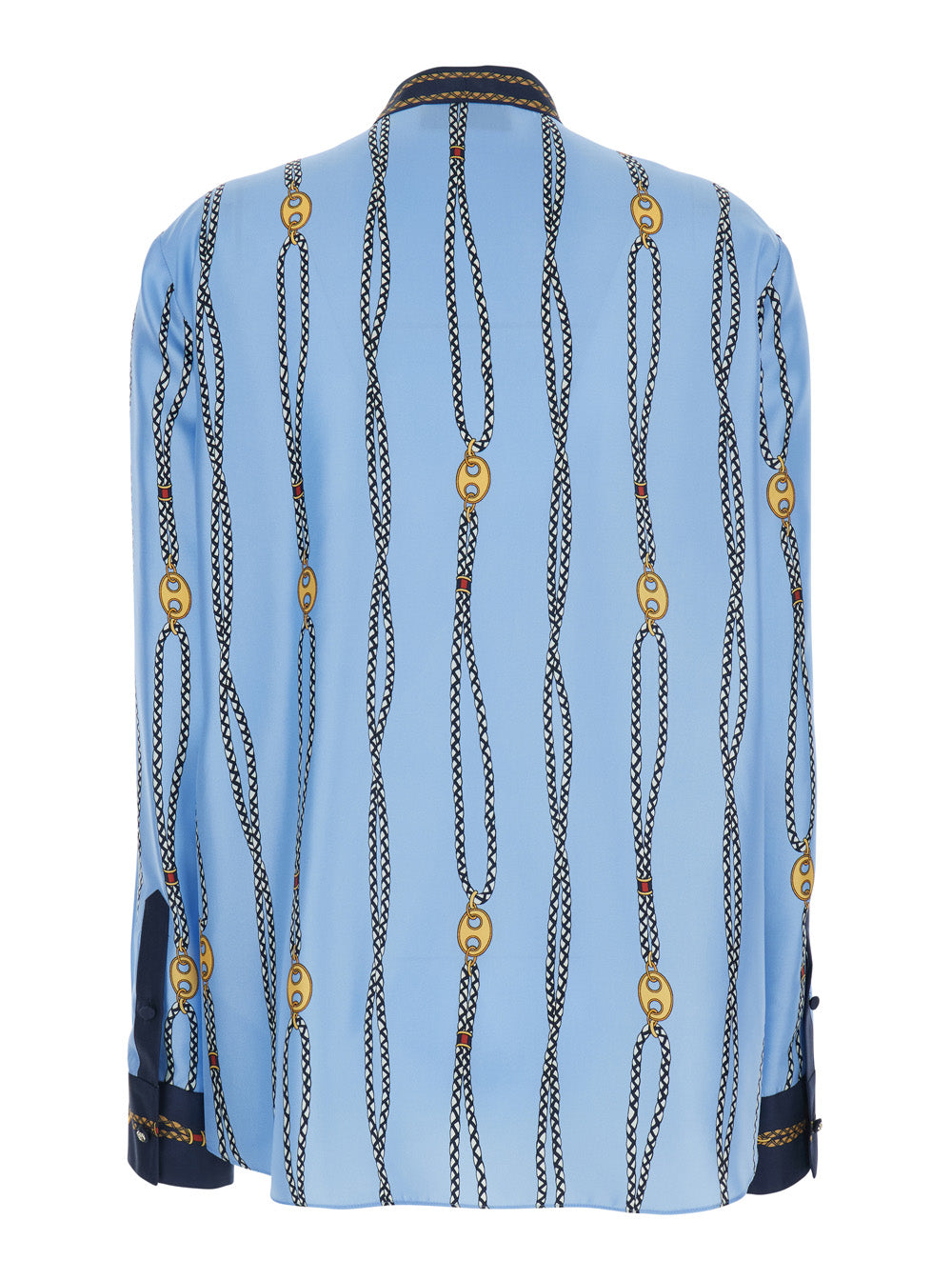 Gucci Women Blue Hirt With Bow On The Front And All-Over Chain Print In Silk For Women