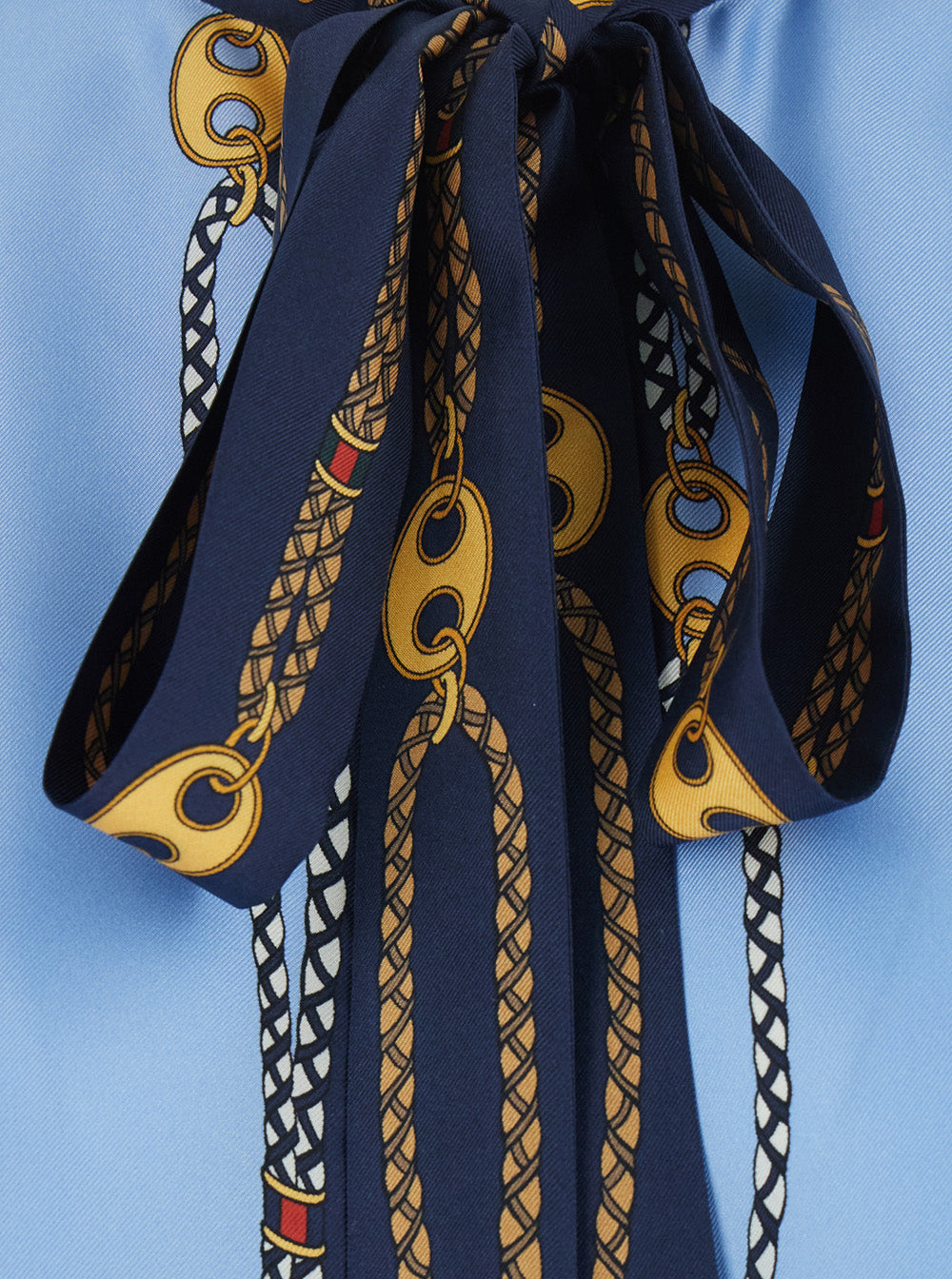 Gucci Women Blue Hirt With Bow On The Front And All-Over Chain Print In Silk For Women