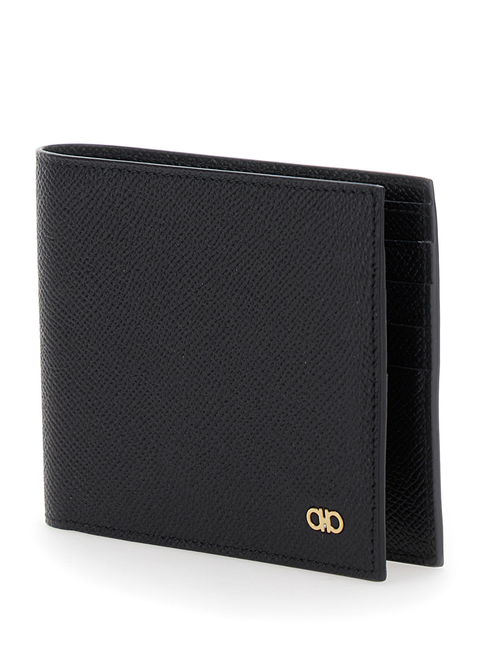 Ferragamo Men Bi-Fold Wallet 'Micro Gancini' With Grained Leather Logo Black Men