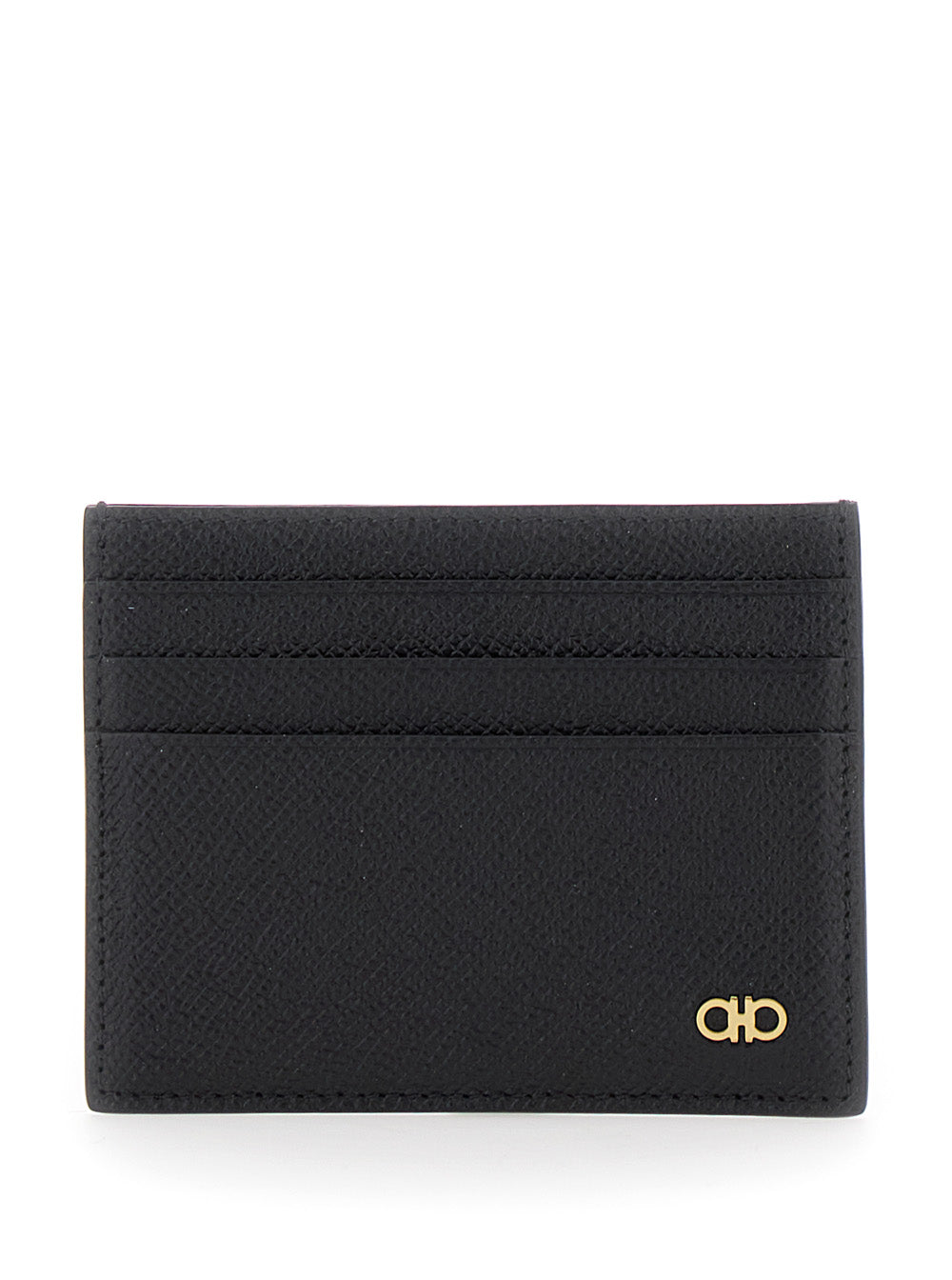 Ferragamo Men Black Card Holder With Micro Gancini On The Front And Logo Lettering On The Rear In Grained Leather Man