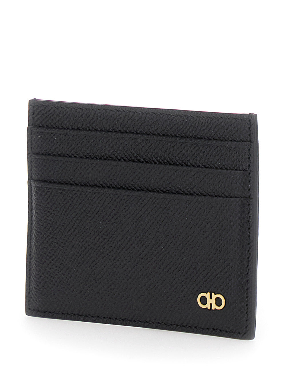 Ferragamo Men Black Card Holder With Micro Gancini On The Front And Logo Lettering On The Rear In Grained Leather Man