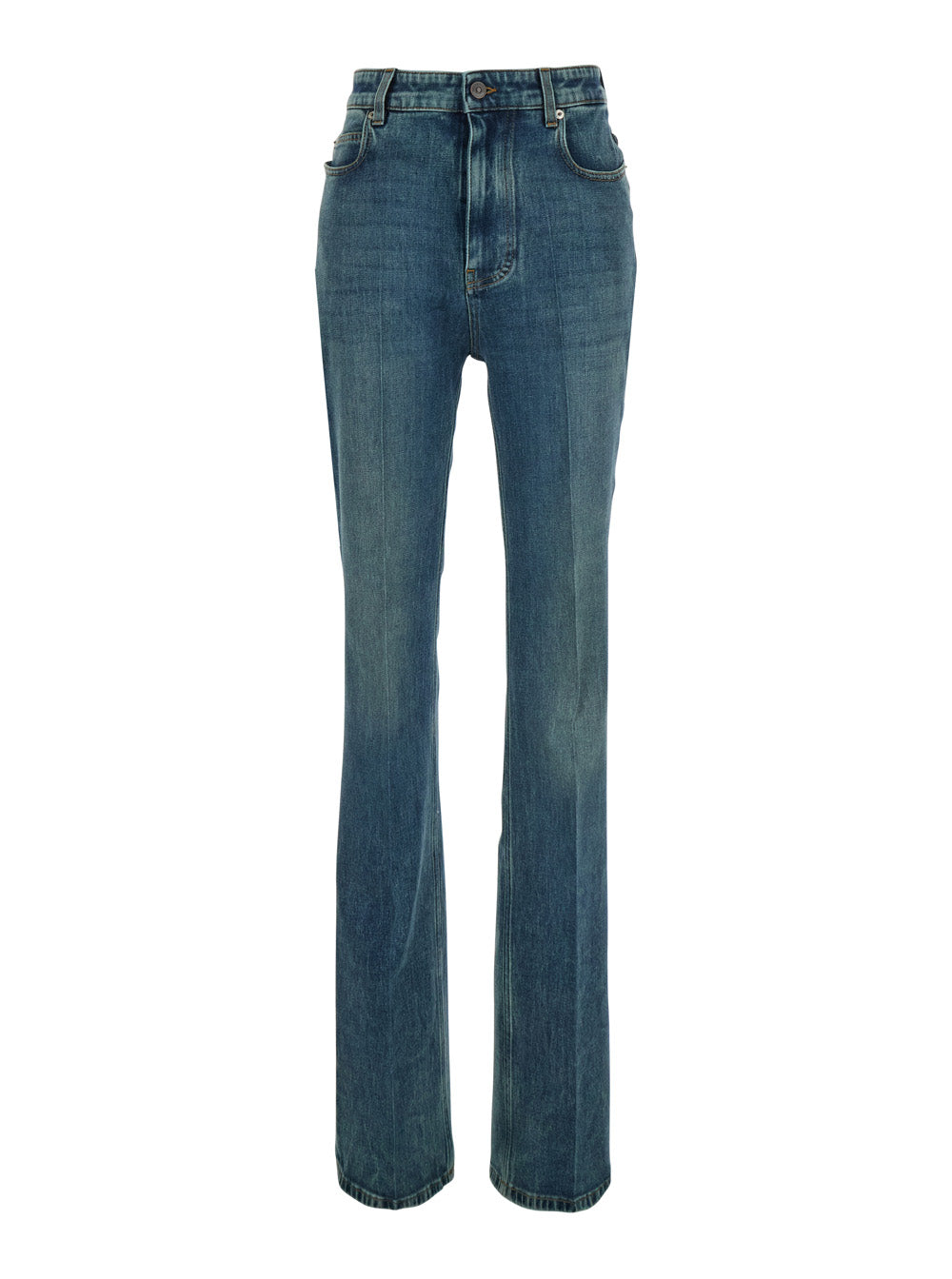 Balenciaga Women Blue High-Waisted Jeans With Logo Patch On The Back In Denim For Women