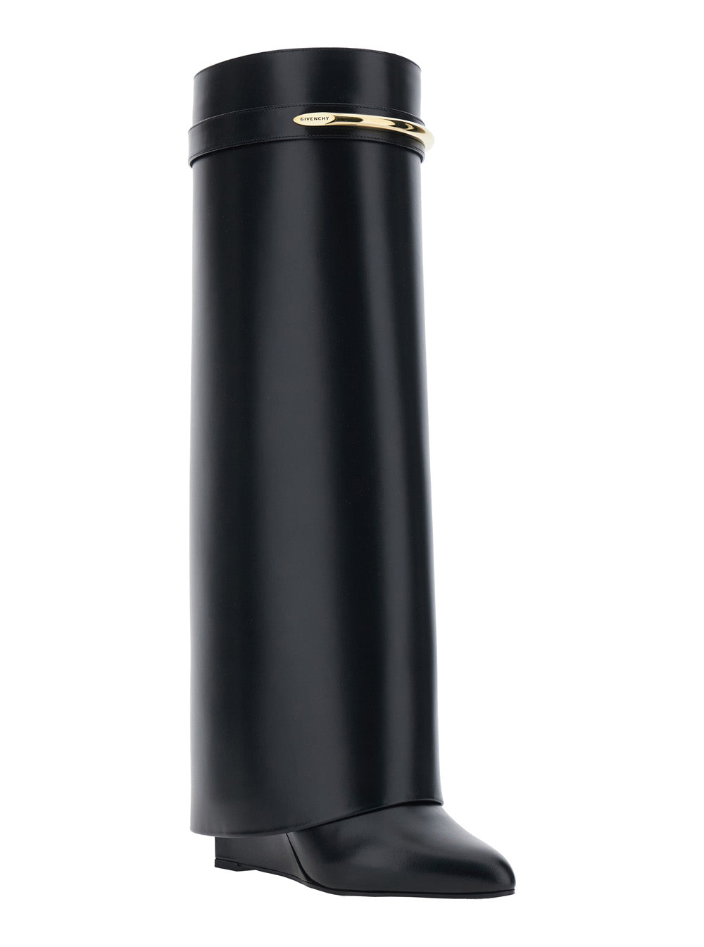 Givenchy Women High Wedge Heeled 'Shark' Pointed Boots With Logo Plate On The Front In Black Leather For Women