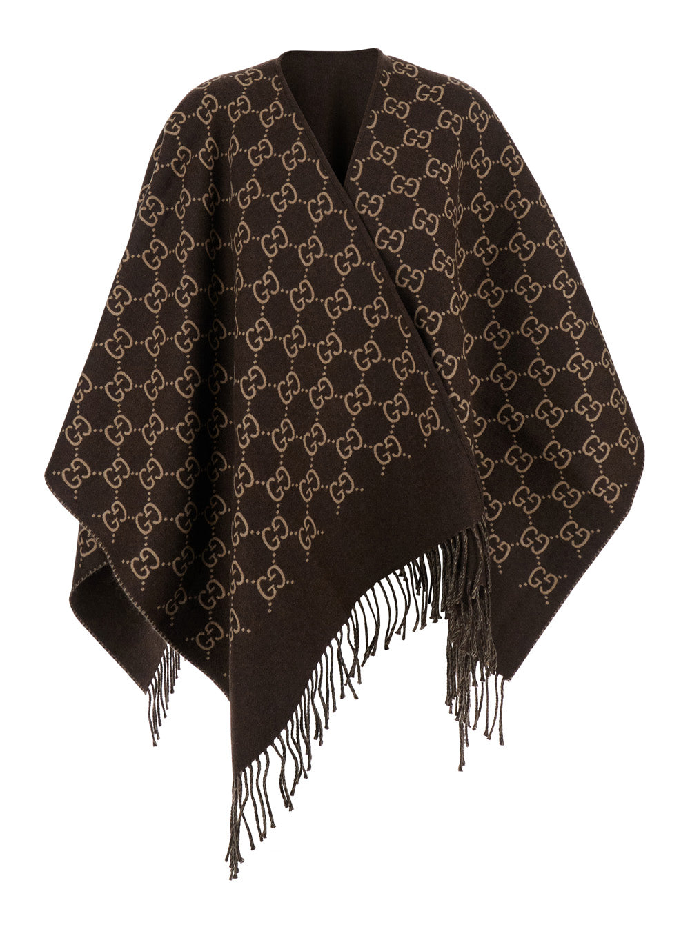 Gucci Women Cape With Fringes And Gg All-Over Motif In Brown Wool For Women