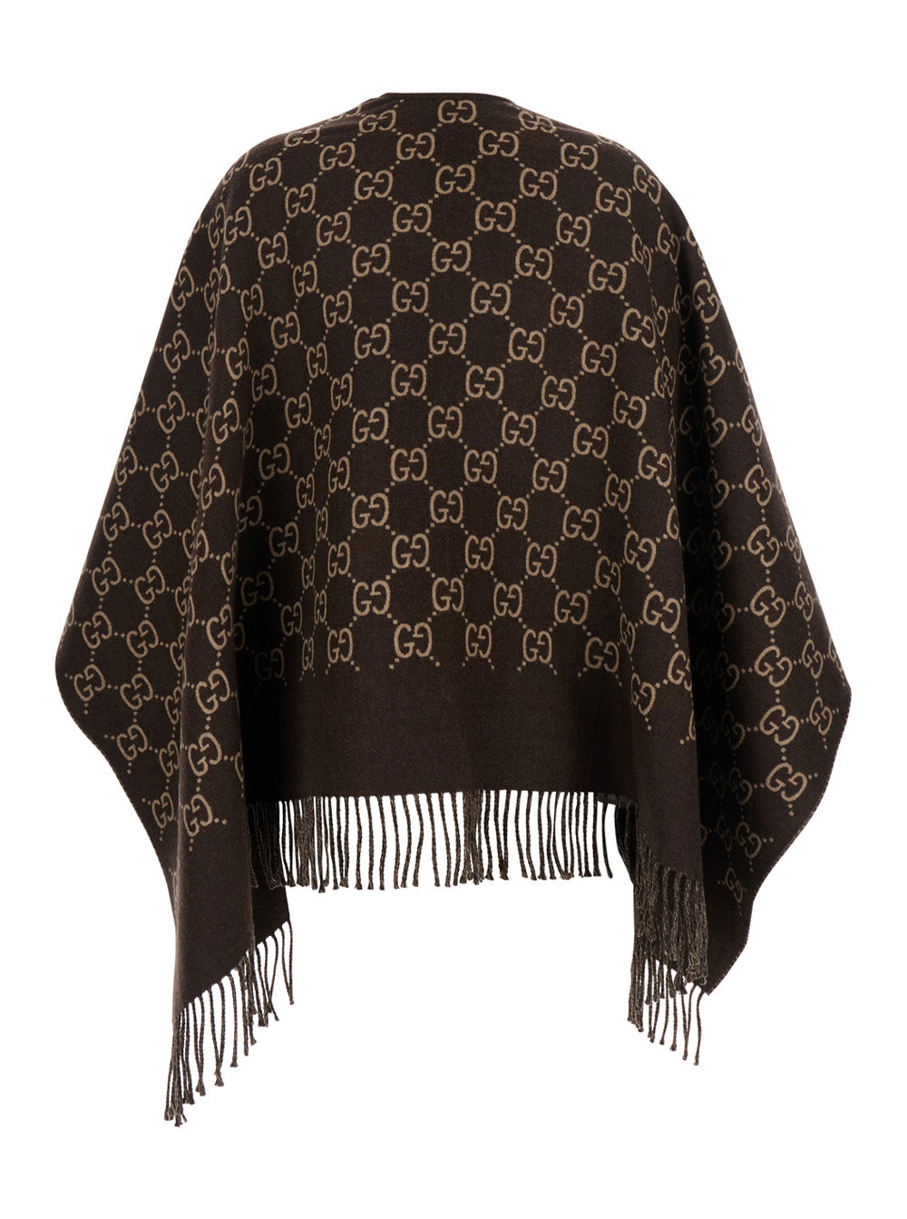 Gucci Women Cape With Fringes And Gg All-Over Motif In Brown Wool For Women