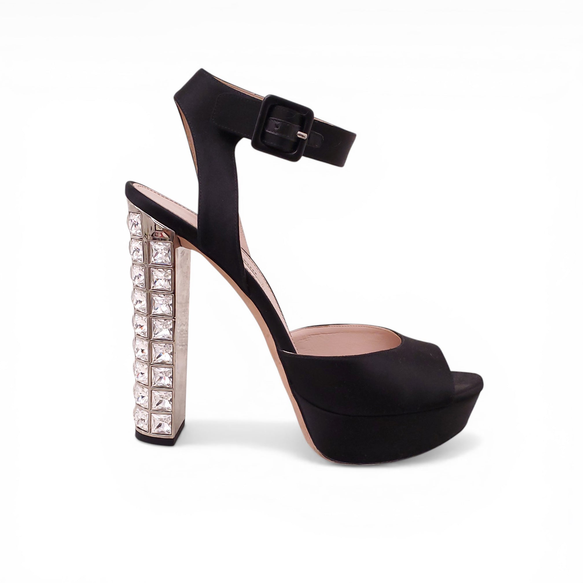 MIU MIU BLACK PEEP TOE CRYSTAL HEELS - SIZE 41