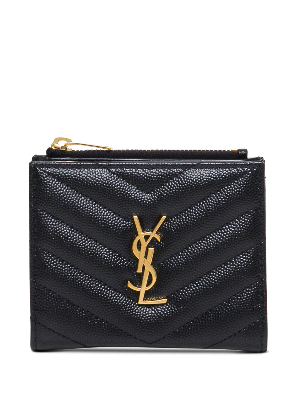 Saint Laurent Women Wallet 'Chevron' With Metal Logo In Black Leather For Women