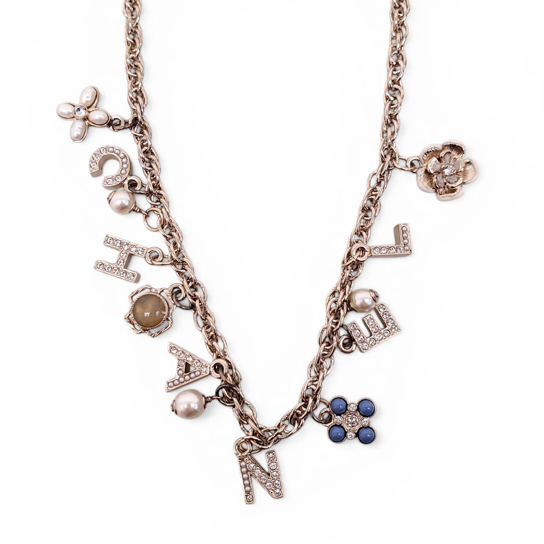 CHANEL GOLD LETTER CRYSTAL FLOWER CHAIN NECKLACE