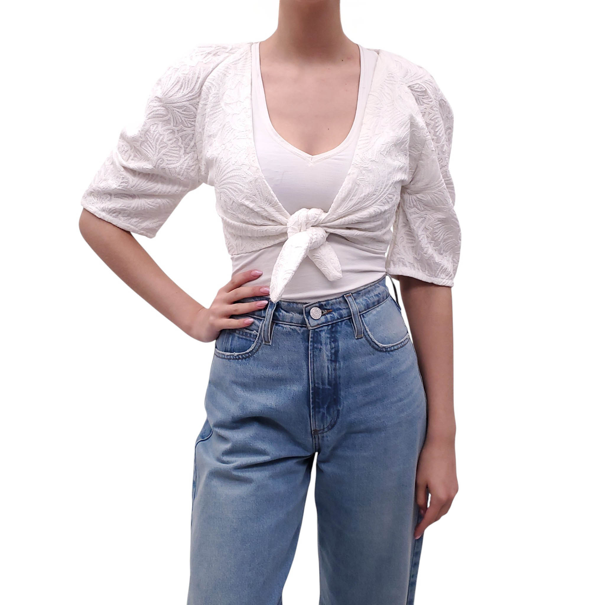 MARA HOFFMAN CREAM TEXTURED CROPPED BLOUSE - SIZE S