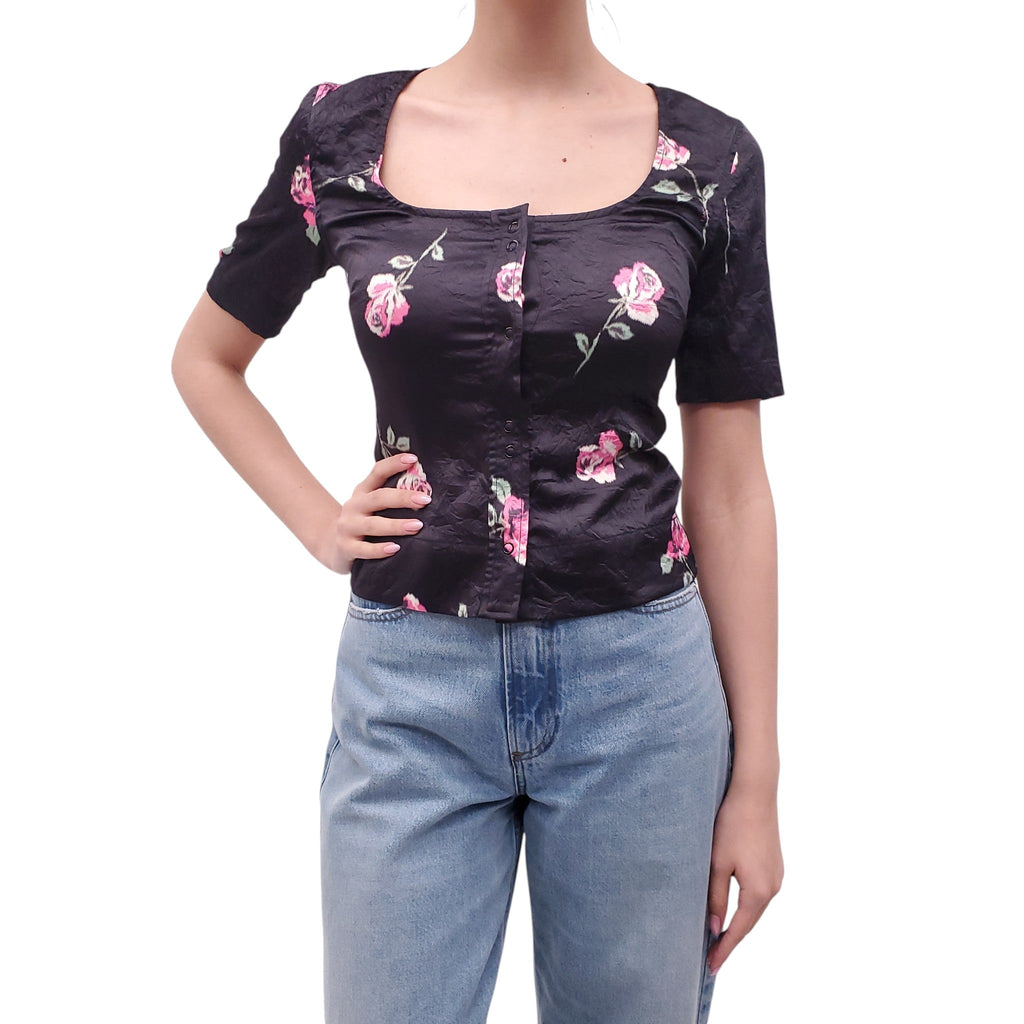 GANNI BLACK FLORAL BUSTIER TOP - SIZE 34