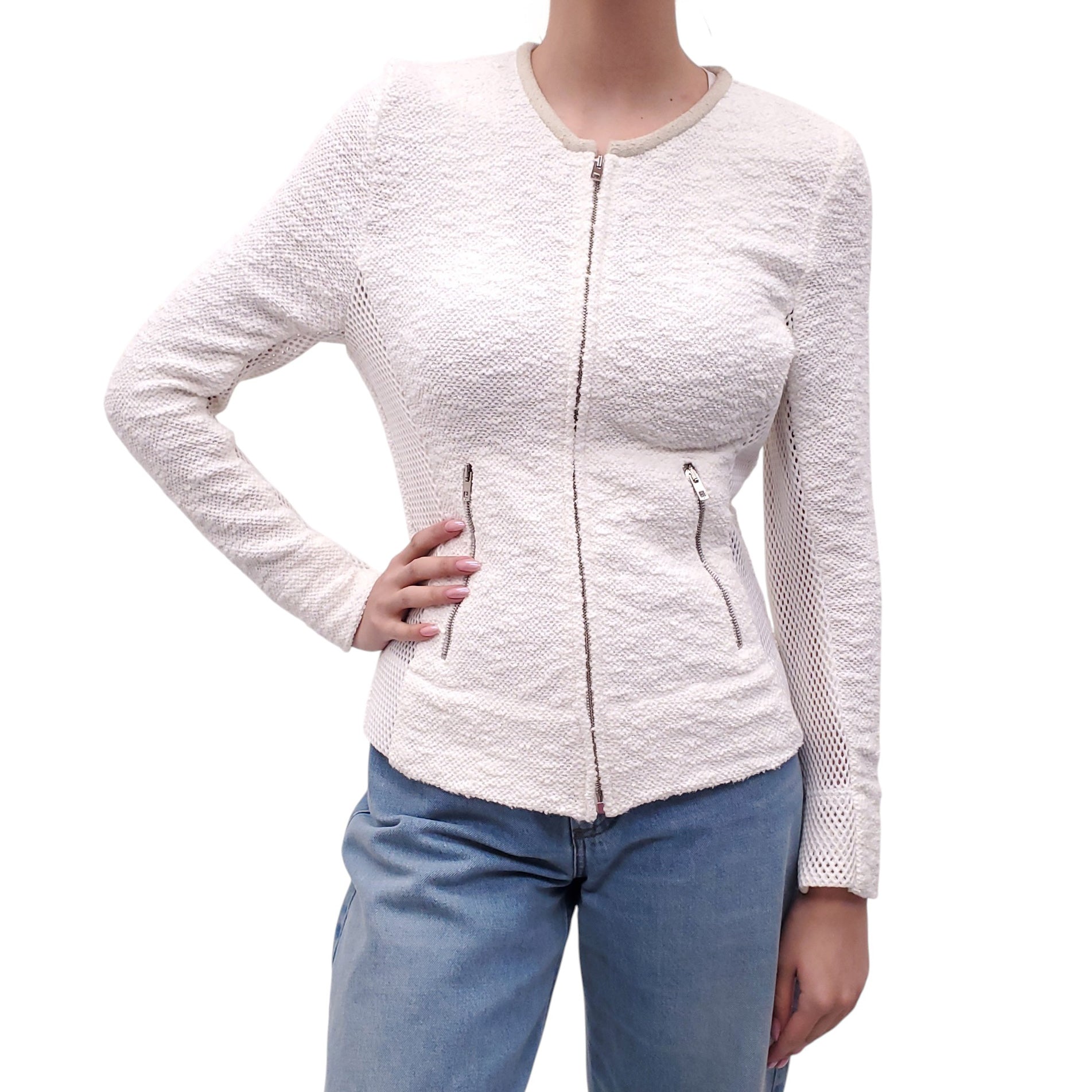 IRO CREAM KNIT ZIP-UP JACKET WITH SUEDE DETAIL - SIZE 40