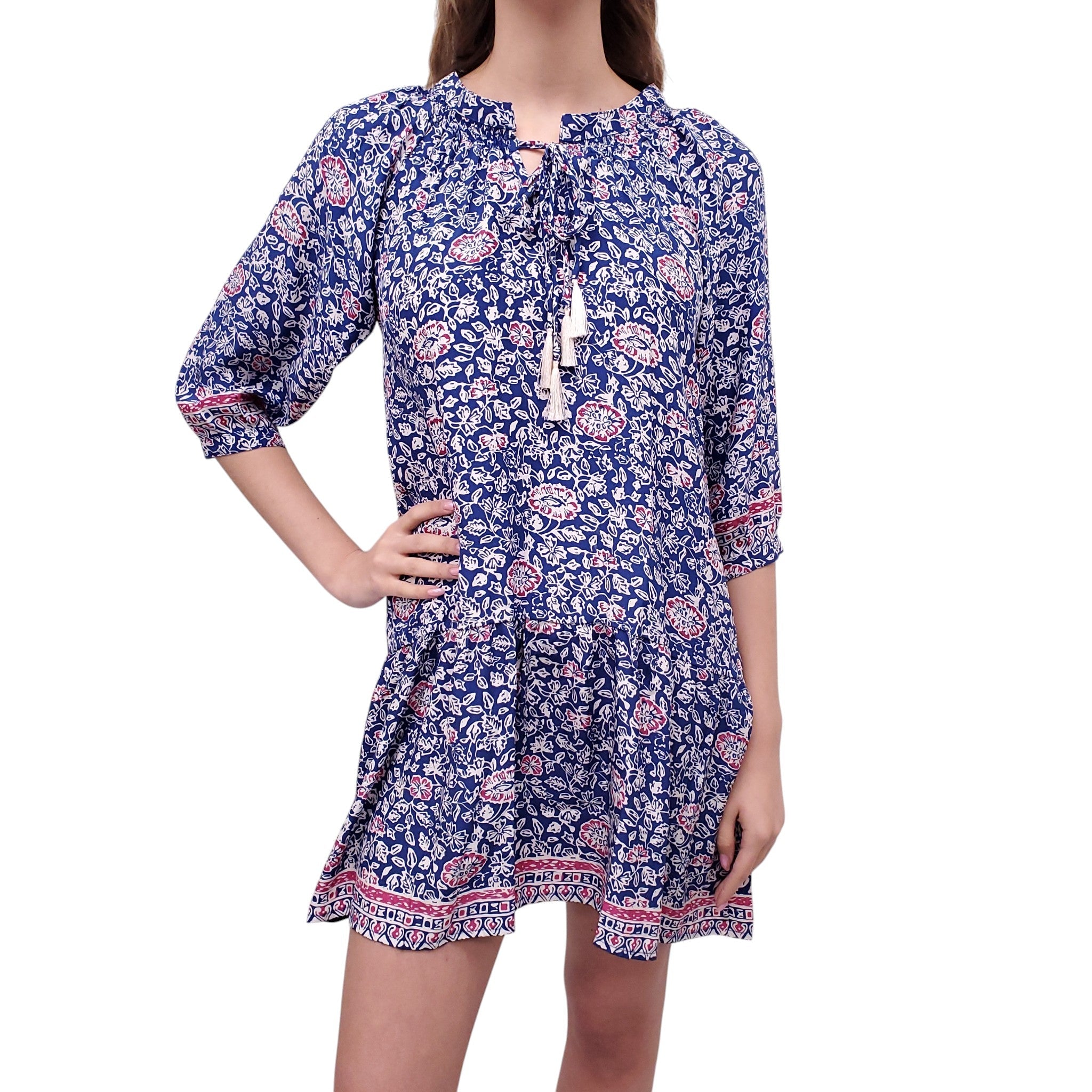NATALIE MARTIN BLUE AND FUCHSIA PATTERNED SILK DRESS - SIZE XS