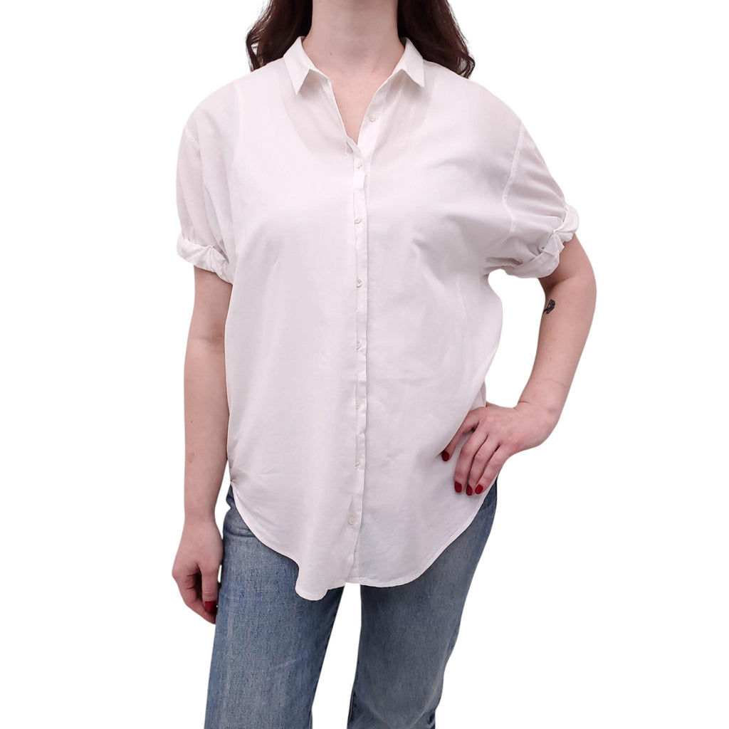 XIRENA OVERSIZED WHITE COTTON SHORT SLEEVE BLOUSE - SIZE S