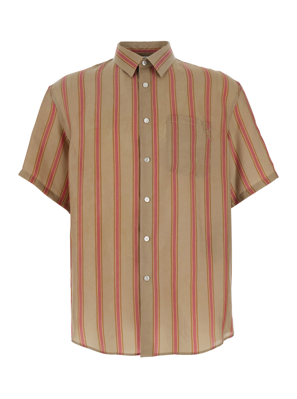 Saint Laurent Men Beige Shirt With Cassandre Embroidery On The Front And All-Over Striped Motif In Cupro For Men