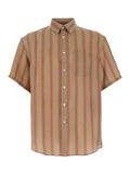 Saint Laurent Men Beige Shirt With Cassandre Embroidery On The Front And All-Over Striped Motif In Cupro For Men