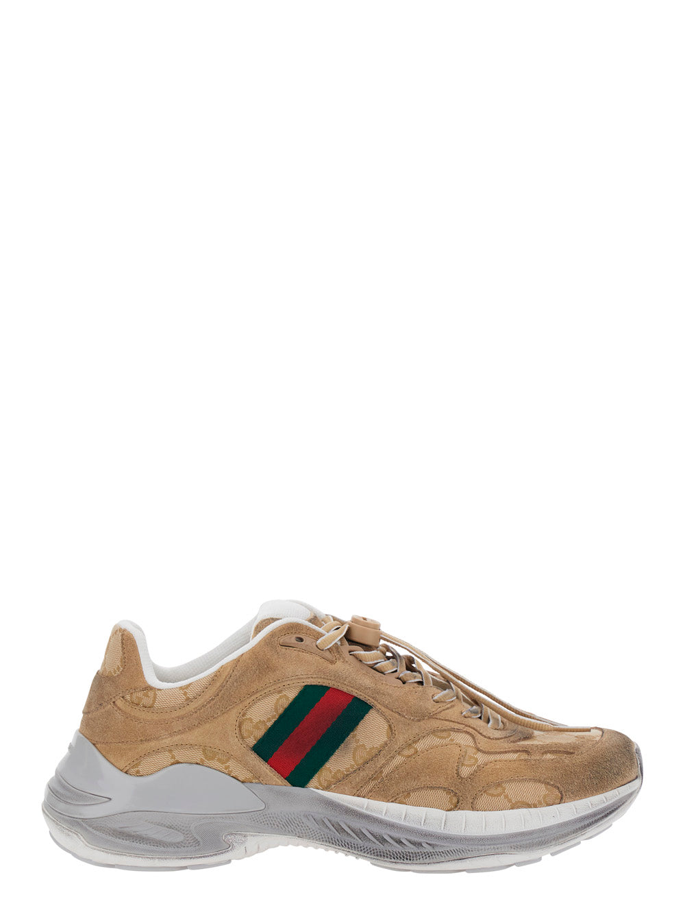 Gucci Men 'Gucci 2.0' Beige Low Top Sneakers With Web Detail On The Side In Suede And Gg Canvas For Men