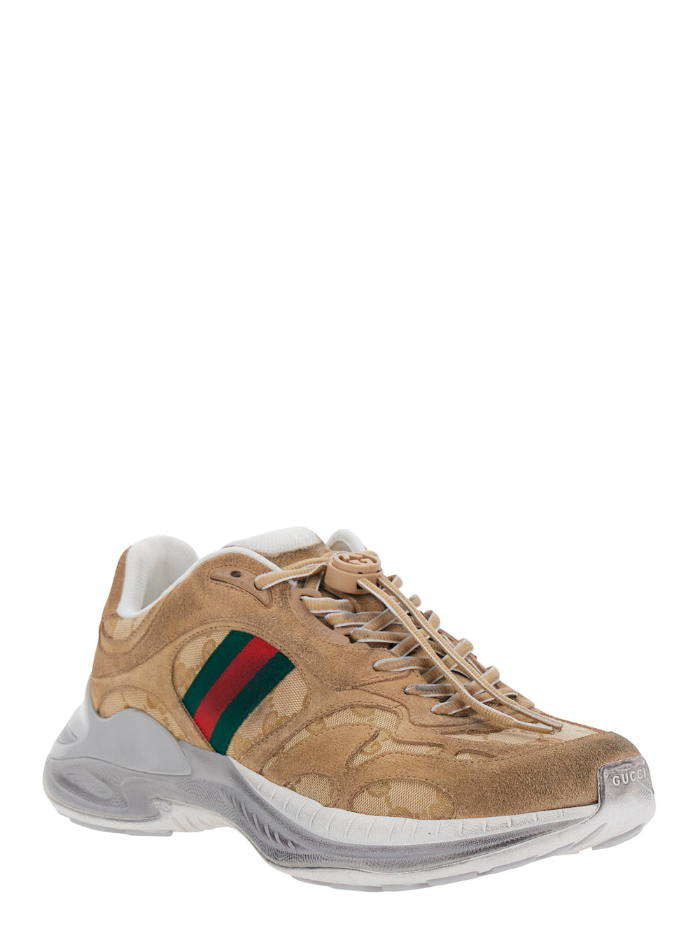 Gucci Men 'Gucci 2.0' Beige Low Top Sneakers With Web Detail On The Side In Suede And Gg Canvas For Men