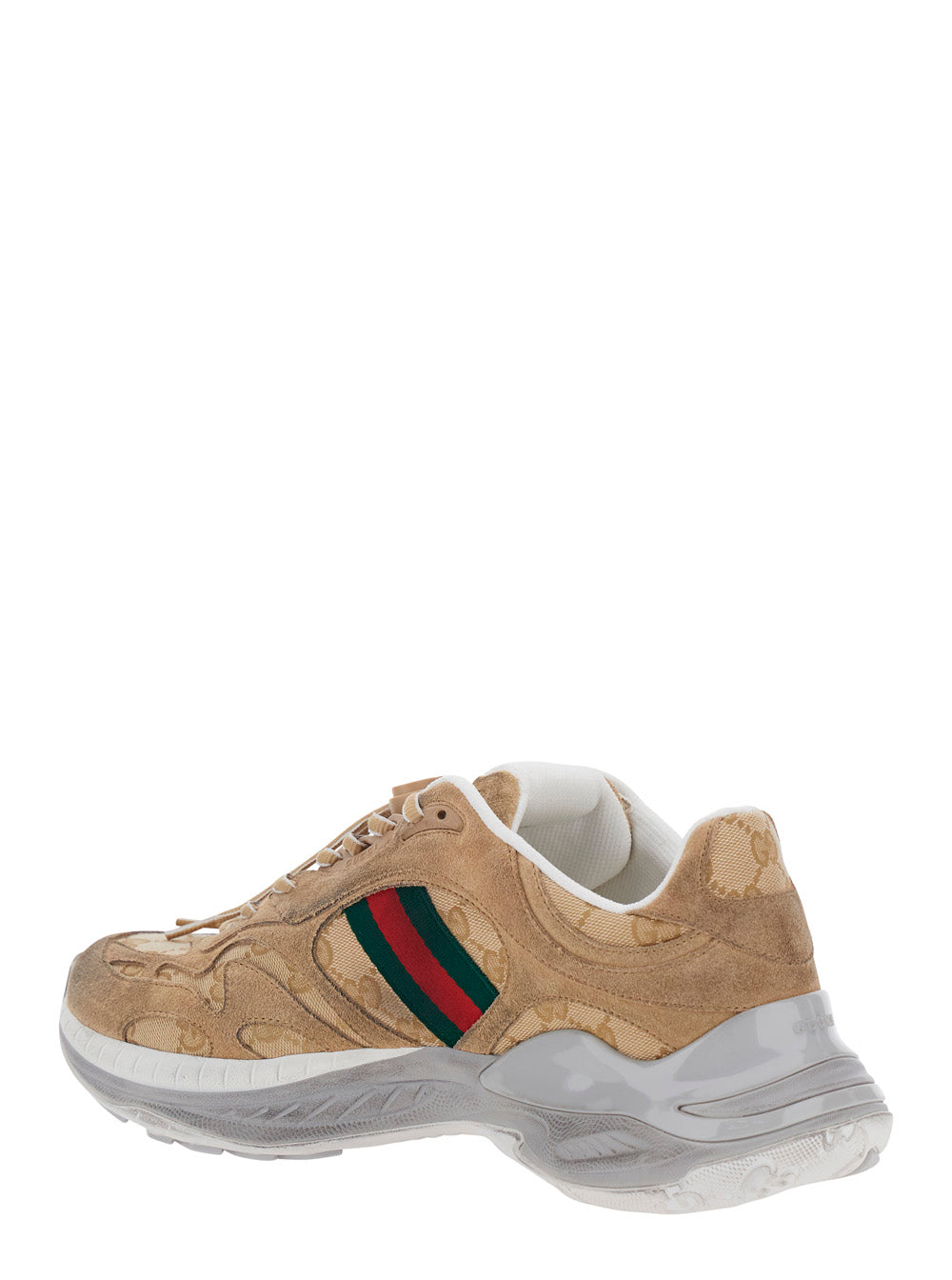 Gucci Men 'Gucci 2.0' Beige Low Top Sneakers With Web Detail On The Side In Suede And Gg Canvas For Men