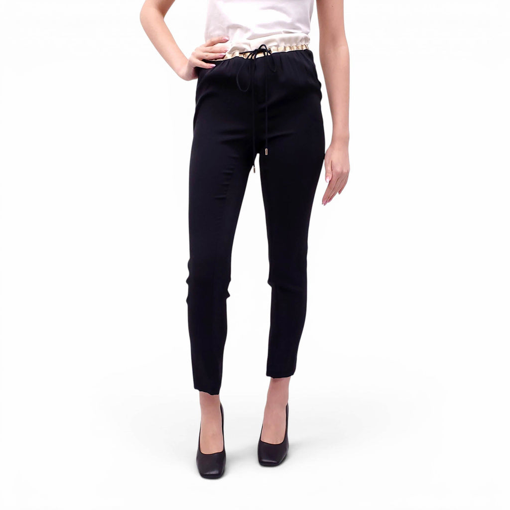 GUCCI BLACK SILK TROUSERS WITH GOLD AND WHITE WAISTBAND - SIZE 40