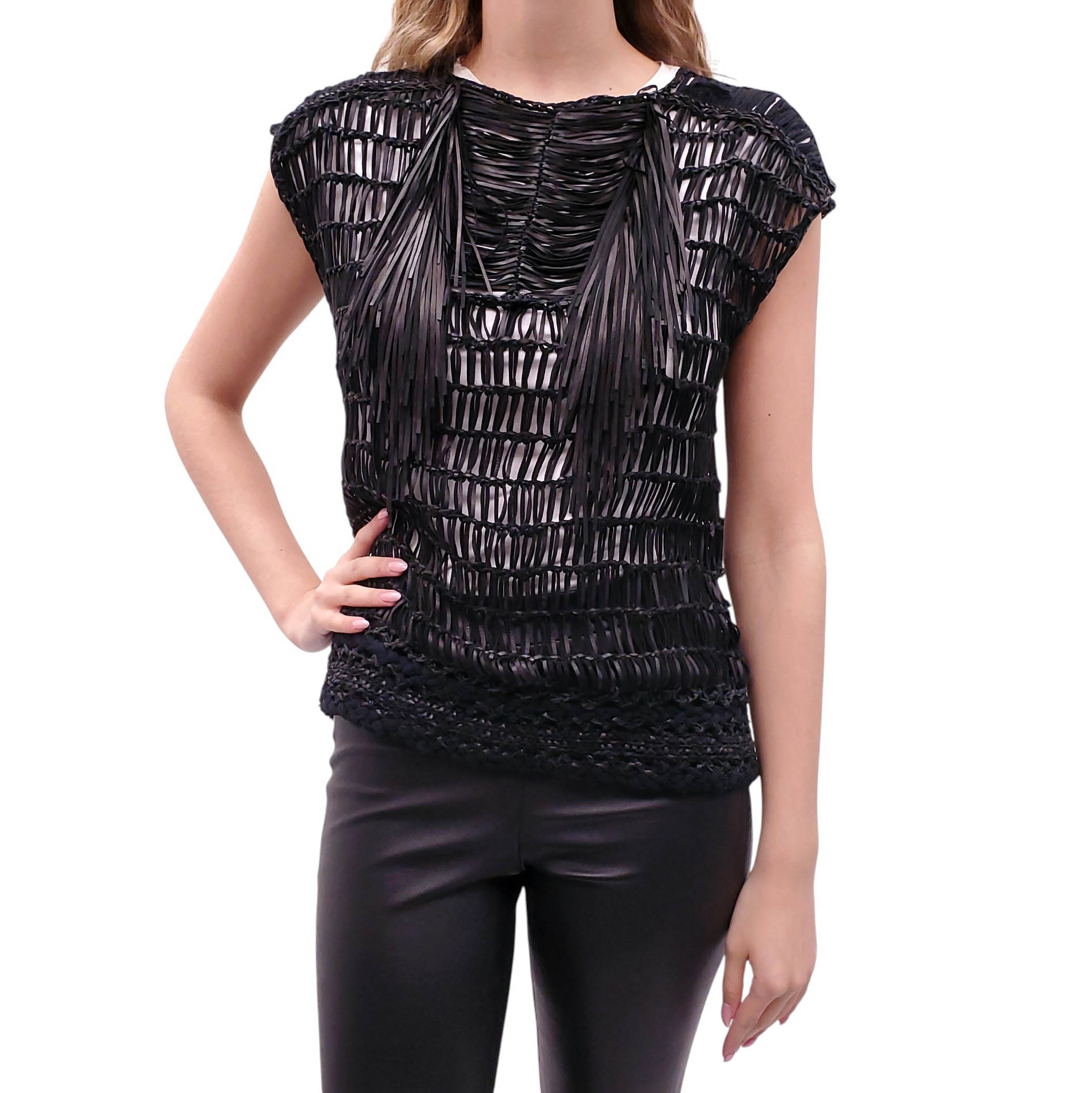 GUCCI RUNWAY LEATHER FRINGE BLOUSE - SIZE 40