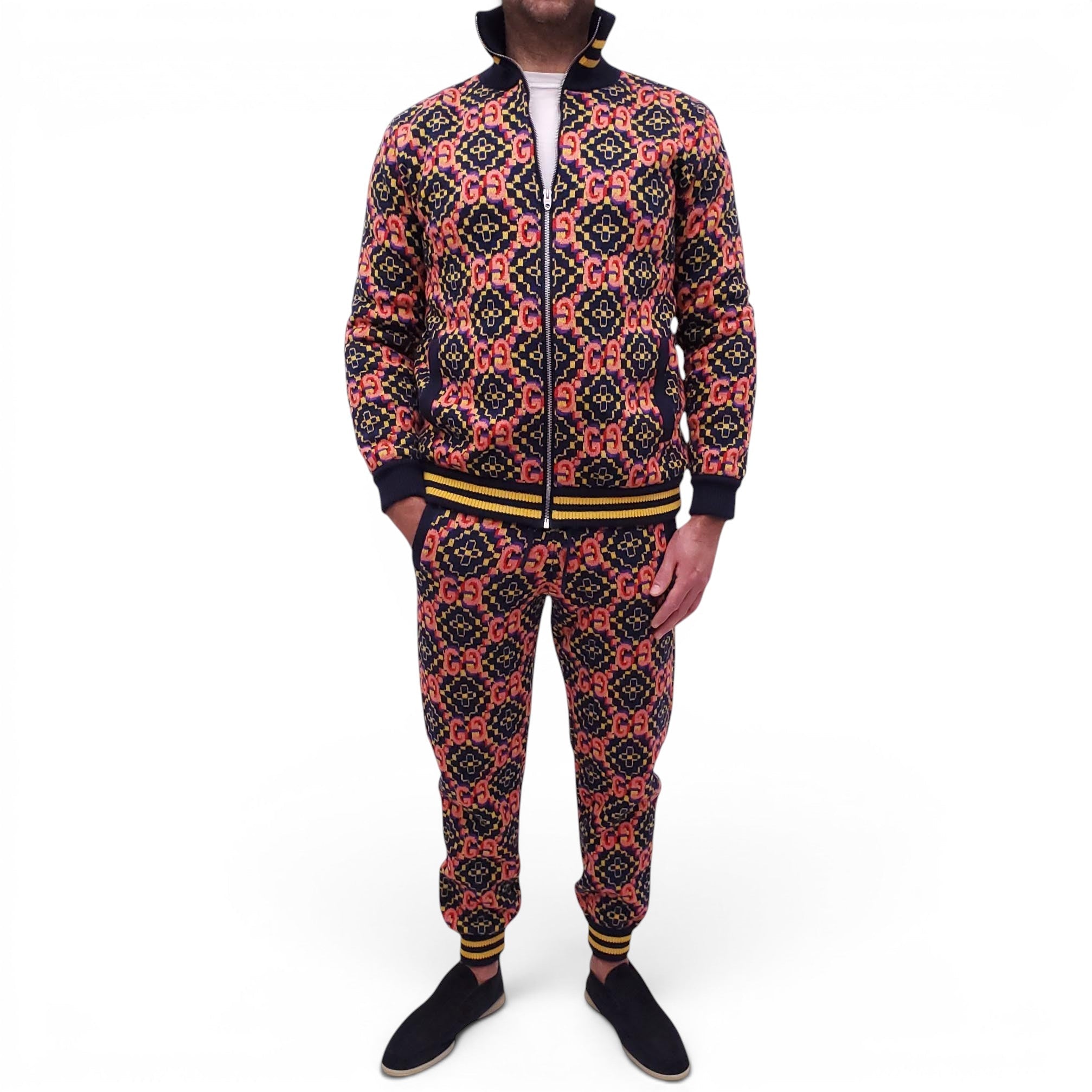GUCCI GG PSYCHEDELIC-JACQUARD KNIT WOOL JACKET WITH SHEARLING INTERIOR - MEN'S SIZE M
