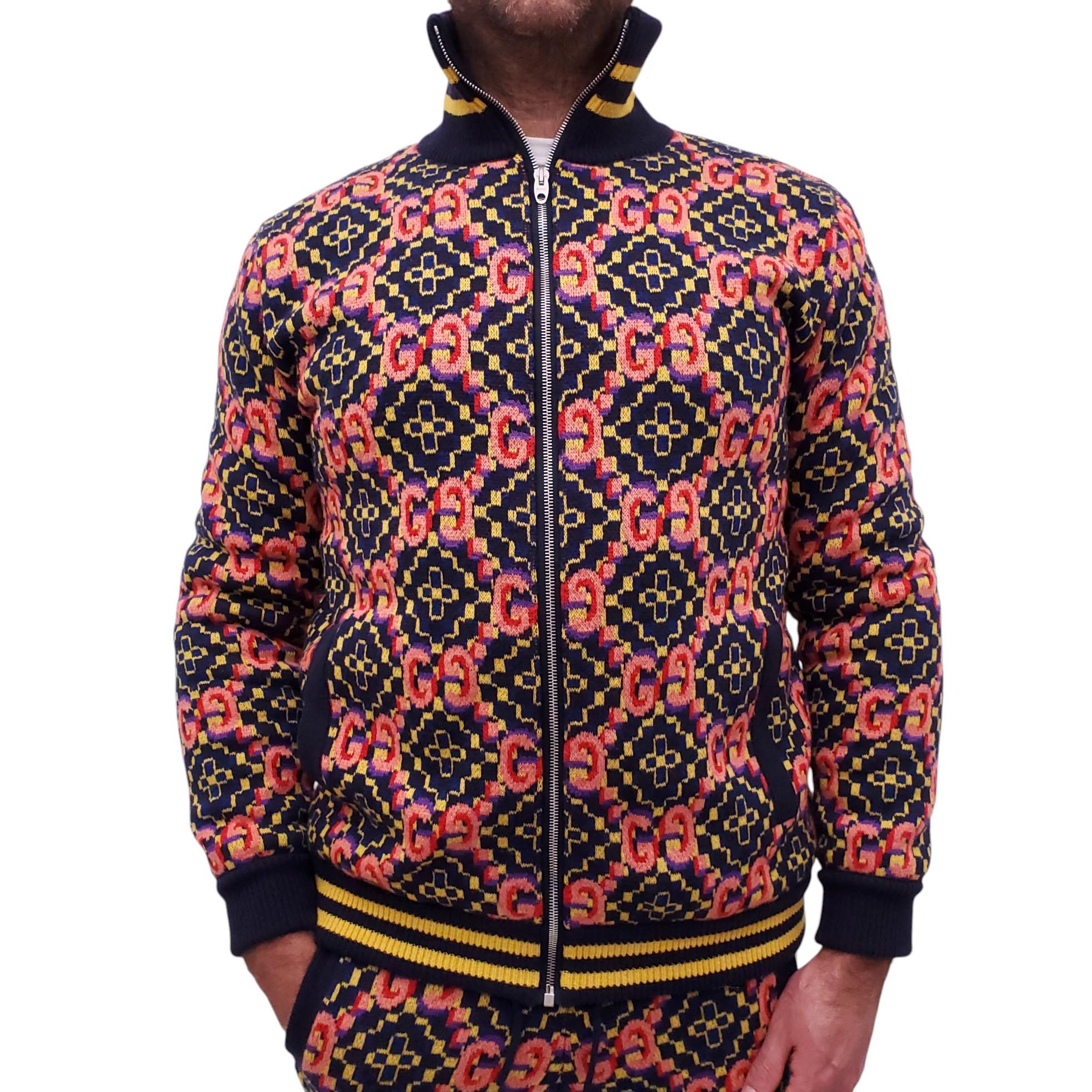 GUCCI GG PSYCHEDELIC-JACQUARD KNIT WOOL JACKET WITH SHEARLING INTERIOR - MEN'S SIZE M