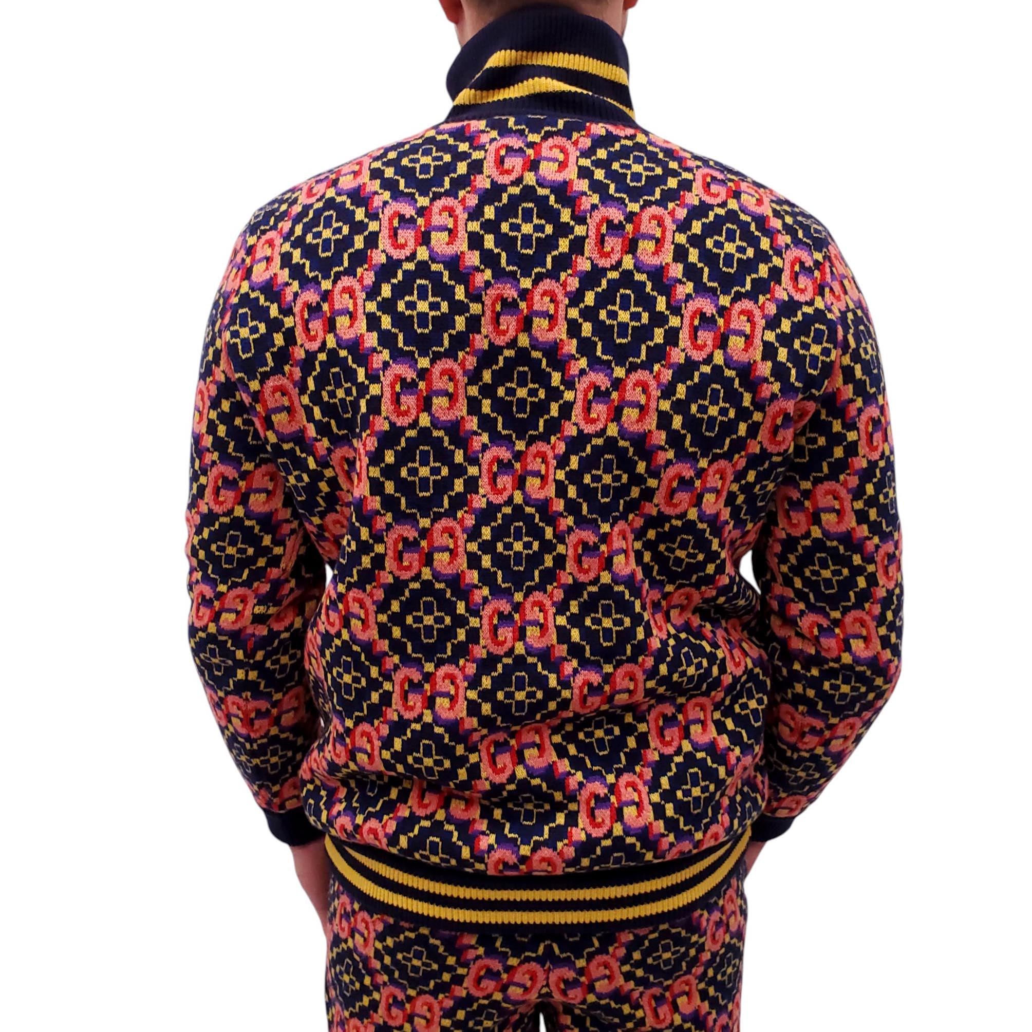GUCCI GG PSYCHEDELIC-JACQUARD KNIT WOOL JACKET WITH SHEARLING INTERIOR - MEN'S SIZE M