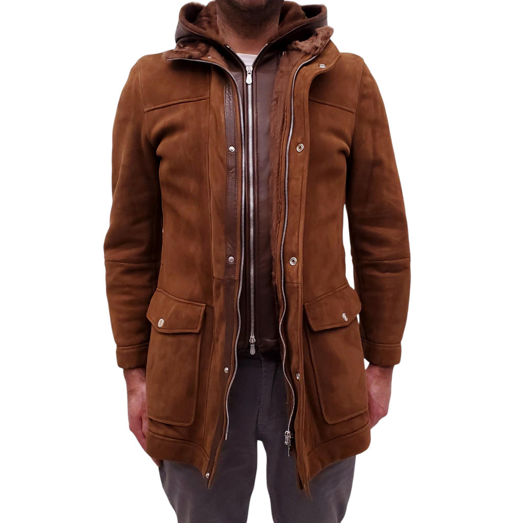 B.C. BROWN SUEDE, LEATHER, AND FUR DUFFLECOAT - MEN'S SIZE M