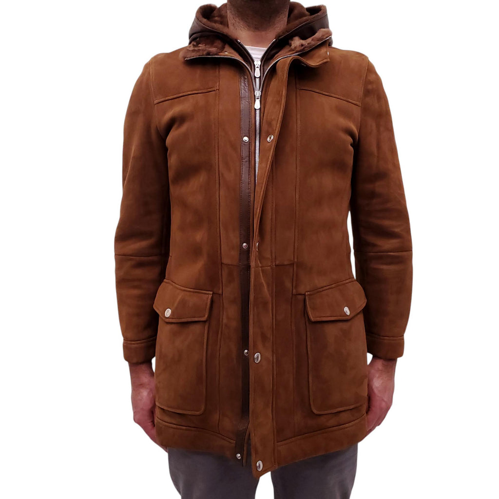 B.C. BROWN SUEDE, LEATHER, AND FUR DUFFLECOAT - MEN'S SIZE M