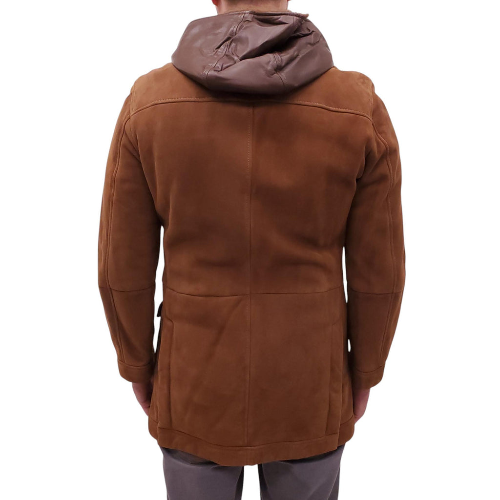 B.C. BROWN SUEDE, LEATHER, AND FUR DUFFLECOAT - MEN'S SIZE M
