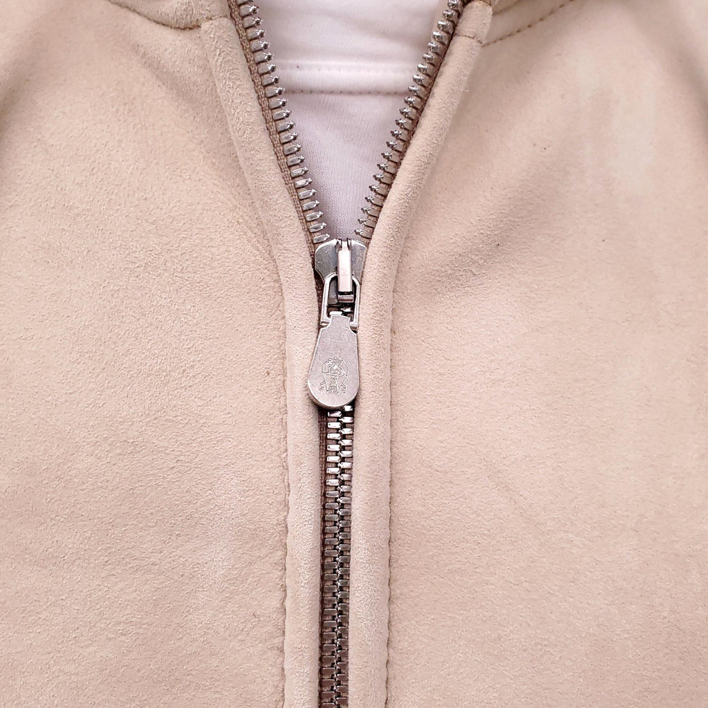 B.C. CREAM SUEDE HOODED BOMBER JACKET WITH SHEARLING INTERIOR - MEN'S SIZE L
