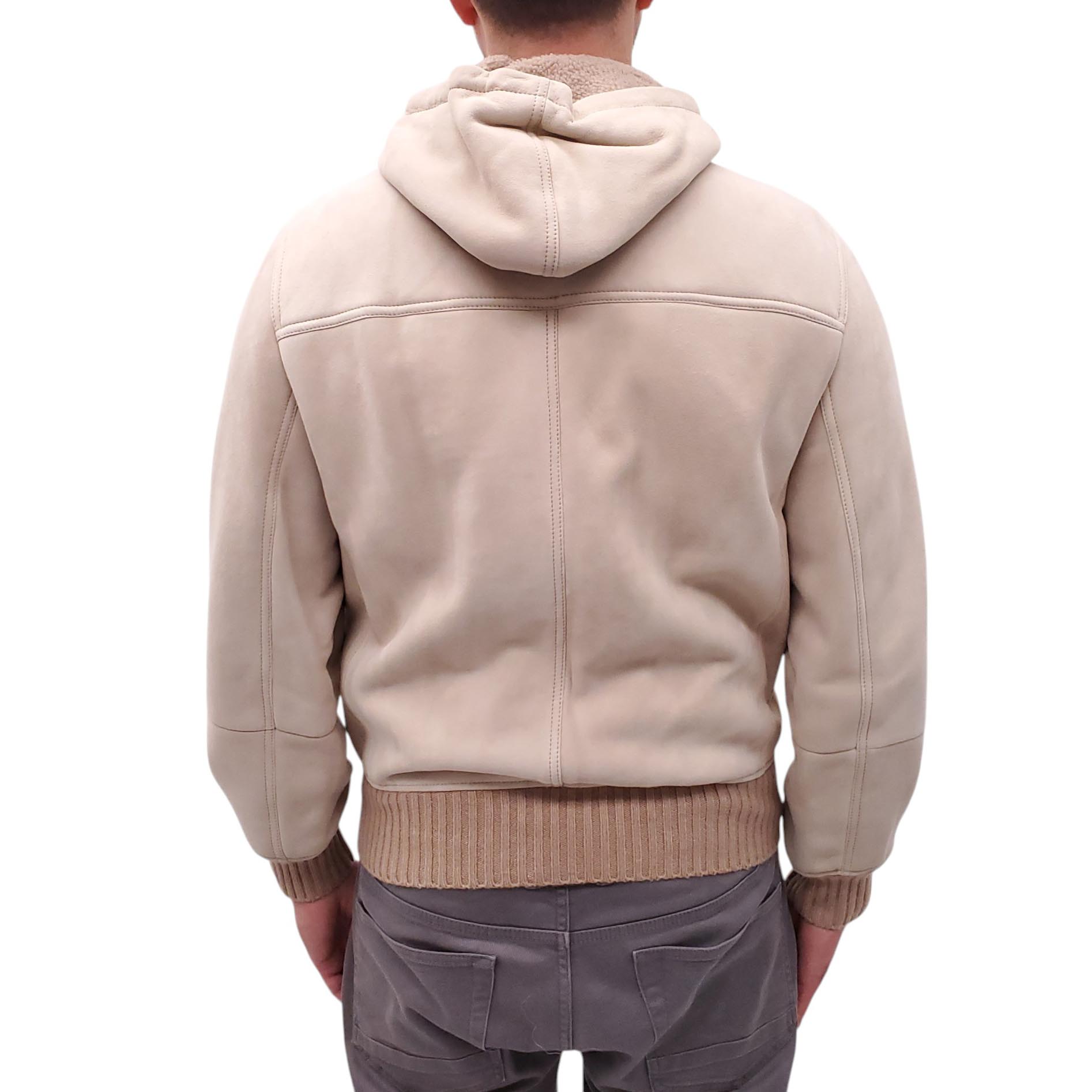 B.C. CREAM SUEDE HOODED BOMBER JACKET WITH SHEARLING INTERIOR - MEN'S SIZE L
