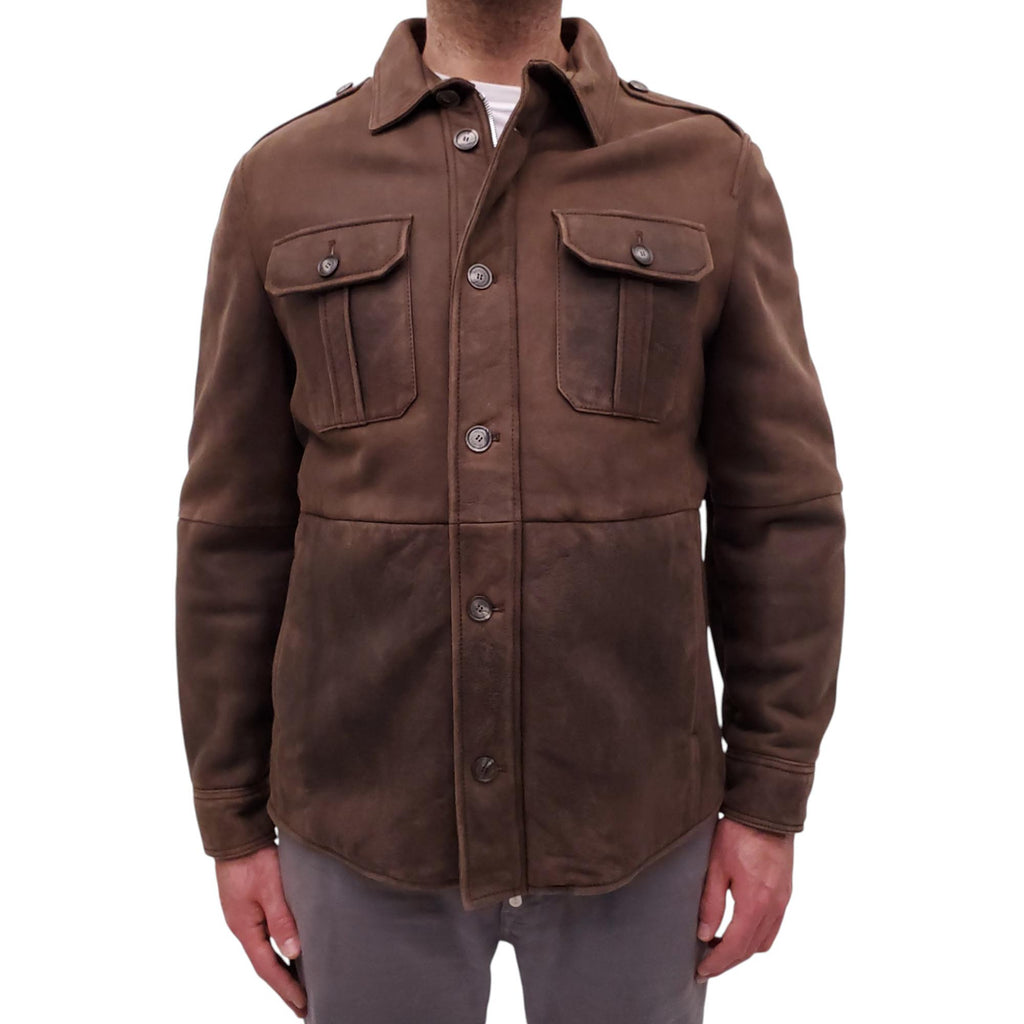 B.C. DARK BROWN SUEDE AND SHEARLING SHIRT JACKET - MEN'S SIZE L