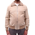 B.C. CREAM SHEARLING LINED PERFORATED SUEDE BOMBER JACKET - MEN'S SIZE M