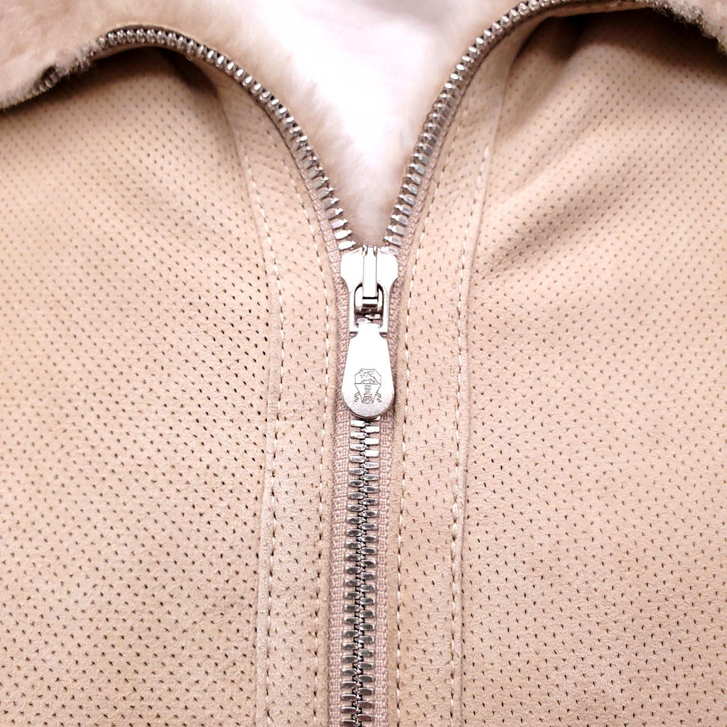 B.C. CREAM SHEARLING LINED PERFORATED SUEDE BOMBER JACKET - MEN'S SIZE M
