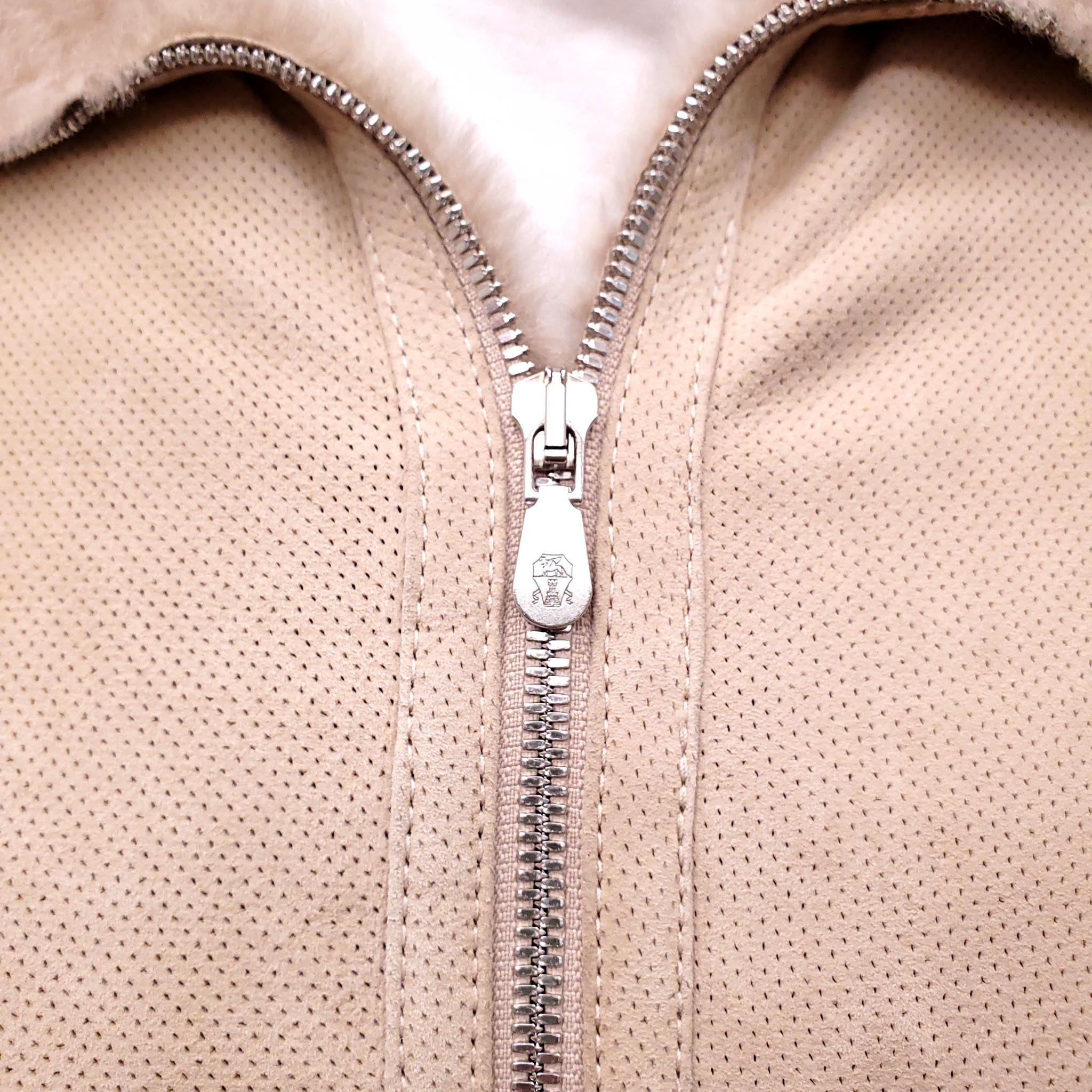 B.C. CREAM SHEARLING LINED PERFORATED SUEDE BOMBER JACKET - MEN'S SIZE M