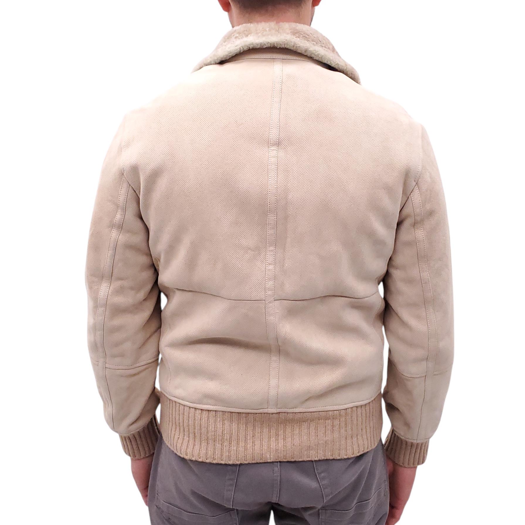 B.C. CREAM SHEARLING LINED PERFORATED SUEDE BOMBER JACKET - MEN'S SIZE M