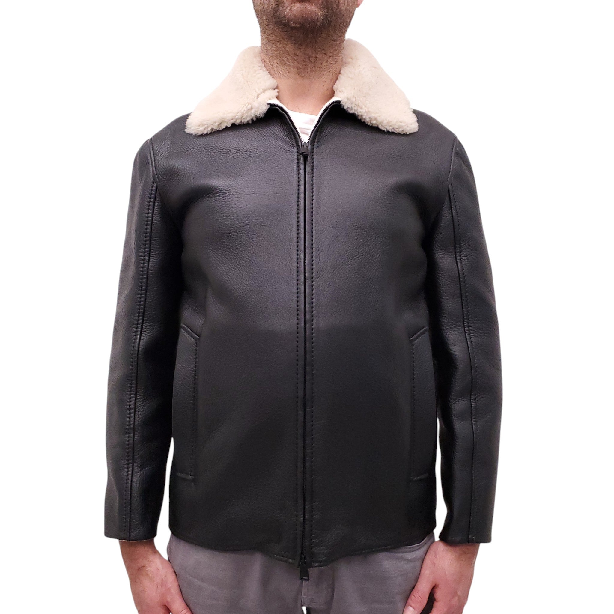 FENDI LEATHER BOMBER JACKET WITH SHEARLING COLLAR AND CASHMERE INTERIOR - MEN'S SIZE 48