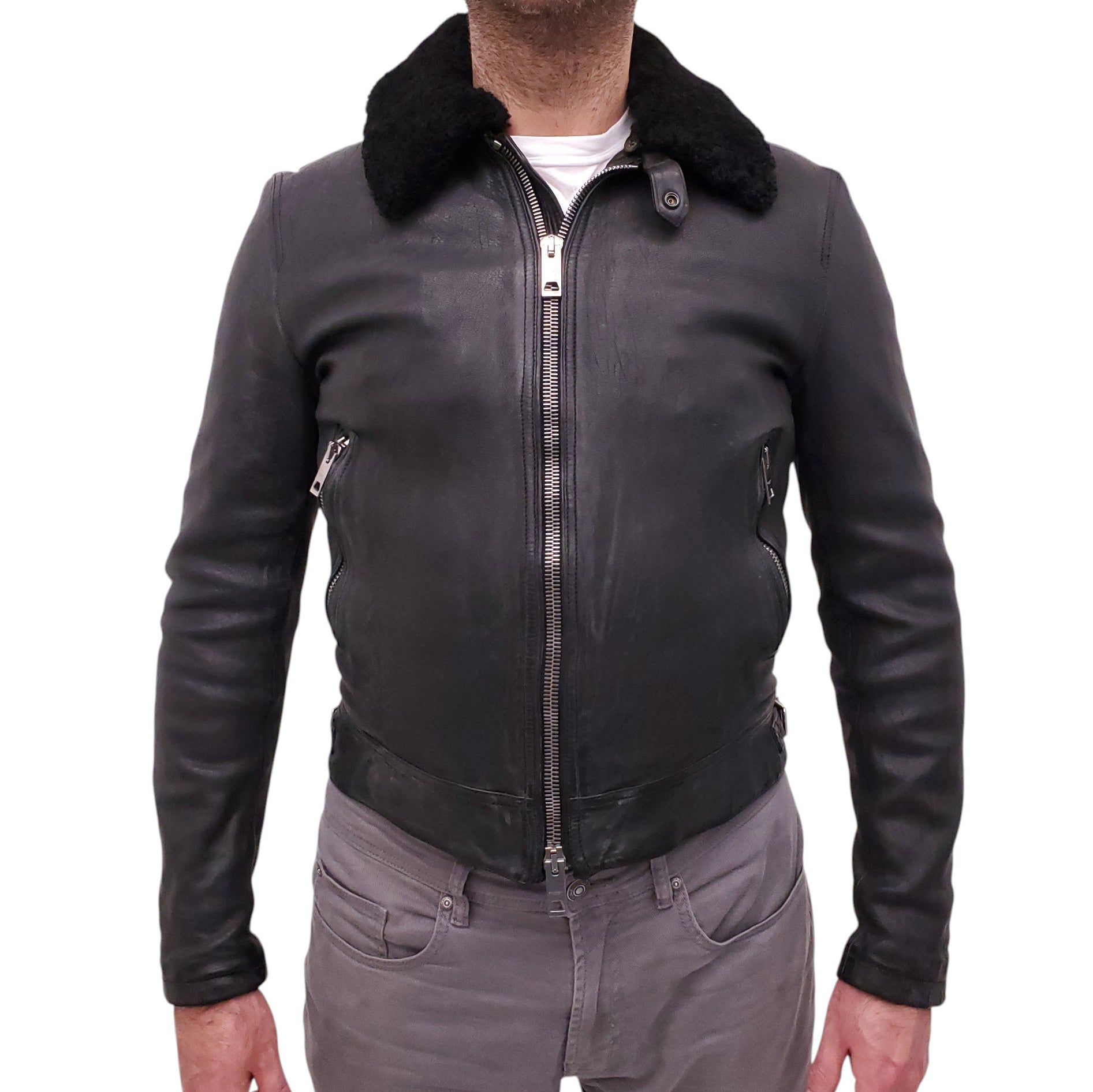 BURBERRY BRIT BLACK SHEARLING LINED LEATHER JACKET - MEN'S SIZE L