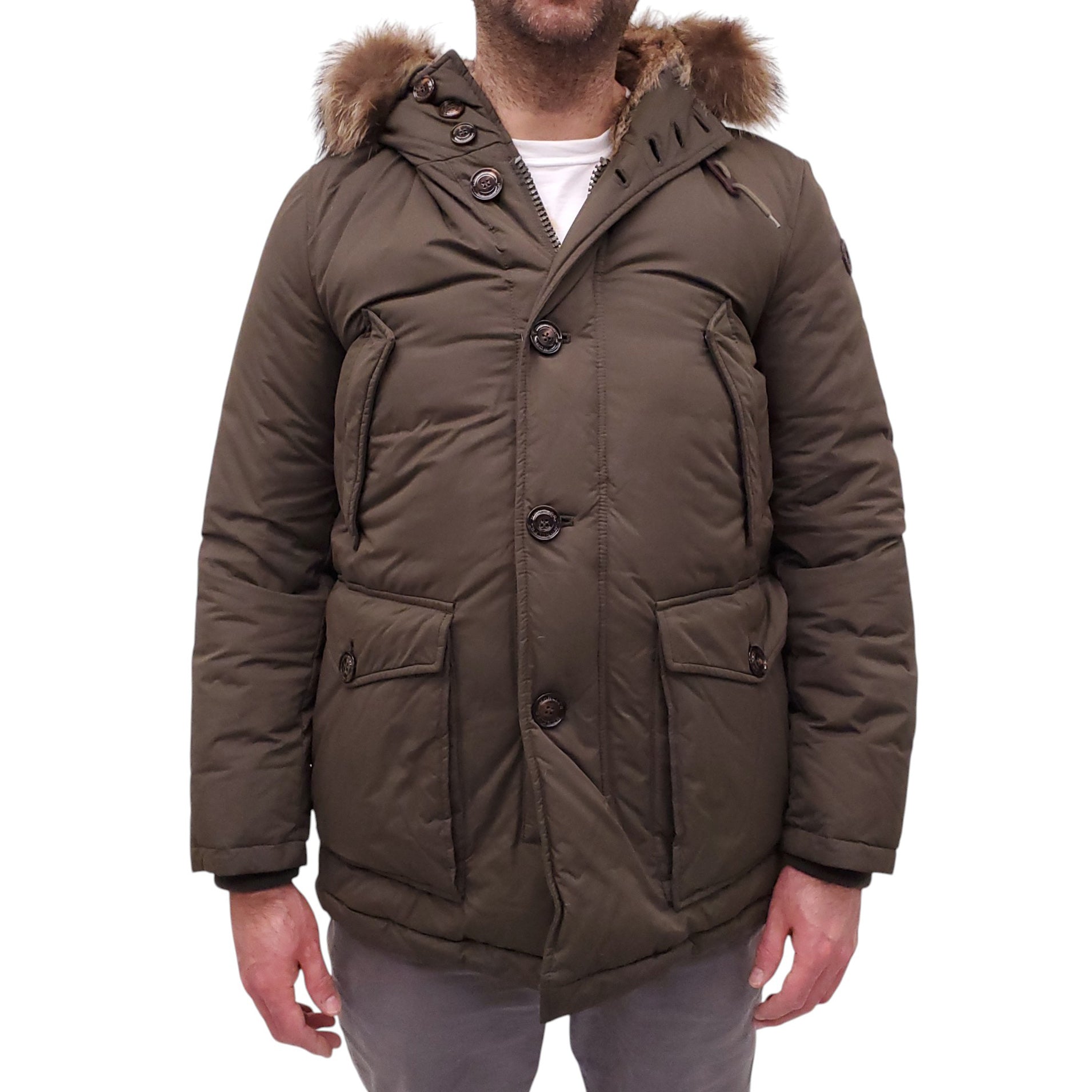 MONCLER SAGE GREEN BASTOGNE DOWN-FILLED JACKET WITH FUR LINING - MEN'S SIZE L